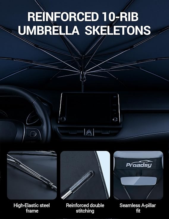 Proadsy Windshield Sun Shade Umbrella for Mazda CX-5 2017-2025 2026 Foldable Car Umbrella Sunshade with Soft TPU Handle Spring Structure Crystal Cooling Material Protect Car from Rays & Heat