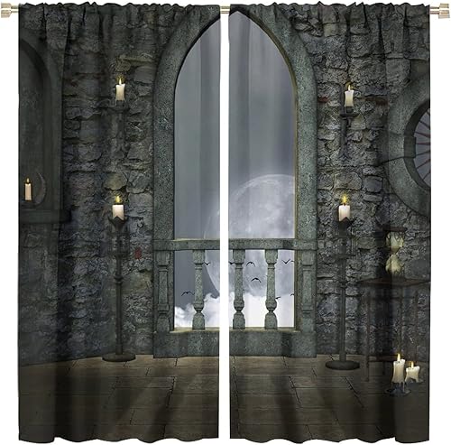 Cortinas opacas góticas para ventanas, luna llena, pájaros, fantasía, castillo antiguo, balcón, vela ardiente, vista nocturna, cortina de barra,