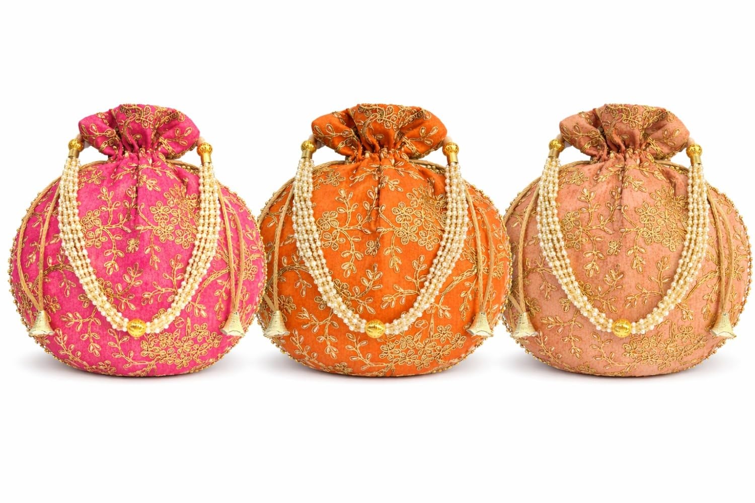 JDDCART Embroidered Wedding Return Gift Potli Bags Wrist Carry Set of 3 for Women and Girls Round Shape Rani, Orange, Beige Color 9 inch X 8.5 inch-picture-54