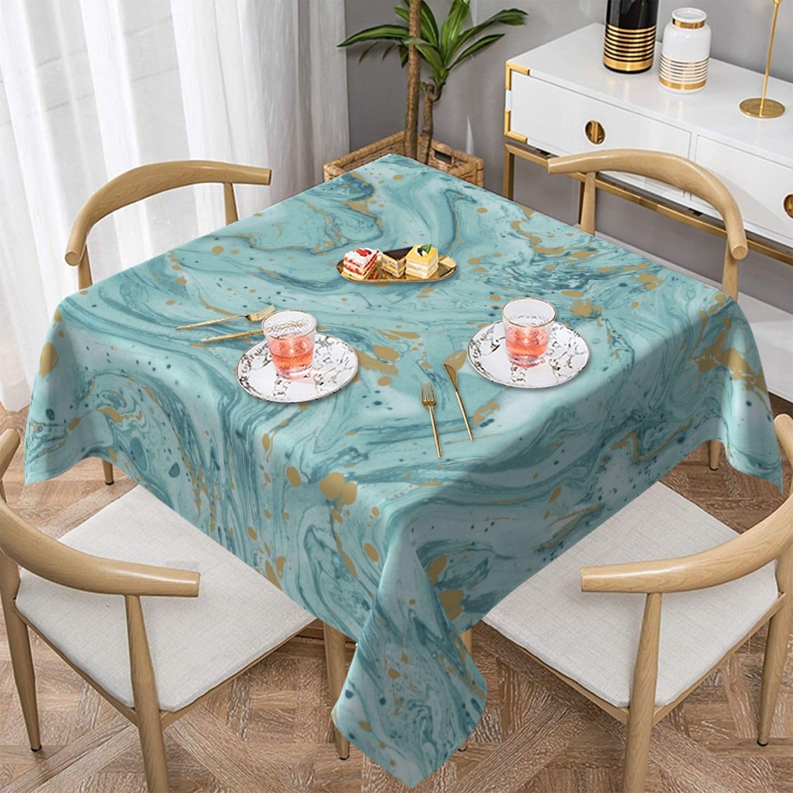 DCEHGEW Azurite Teal and Foil Gold Oil Marble Pattern Prints Square Tablecloth 152x152 CM, Waterproof Fabric Table Cloth for Dining Table, Farmhouse Table Cover for Kitchen Dining Tabletop Decoration
