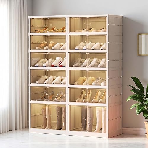 Organizador de zapatos grande de 6 niveles con 24 pares con puertas, estante plegable de plástico, armario de almacenamiento apilable para armario,