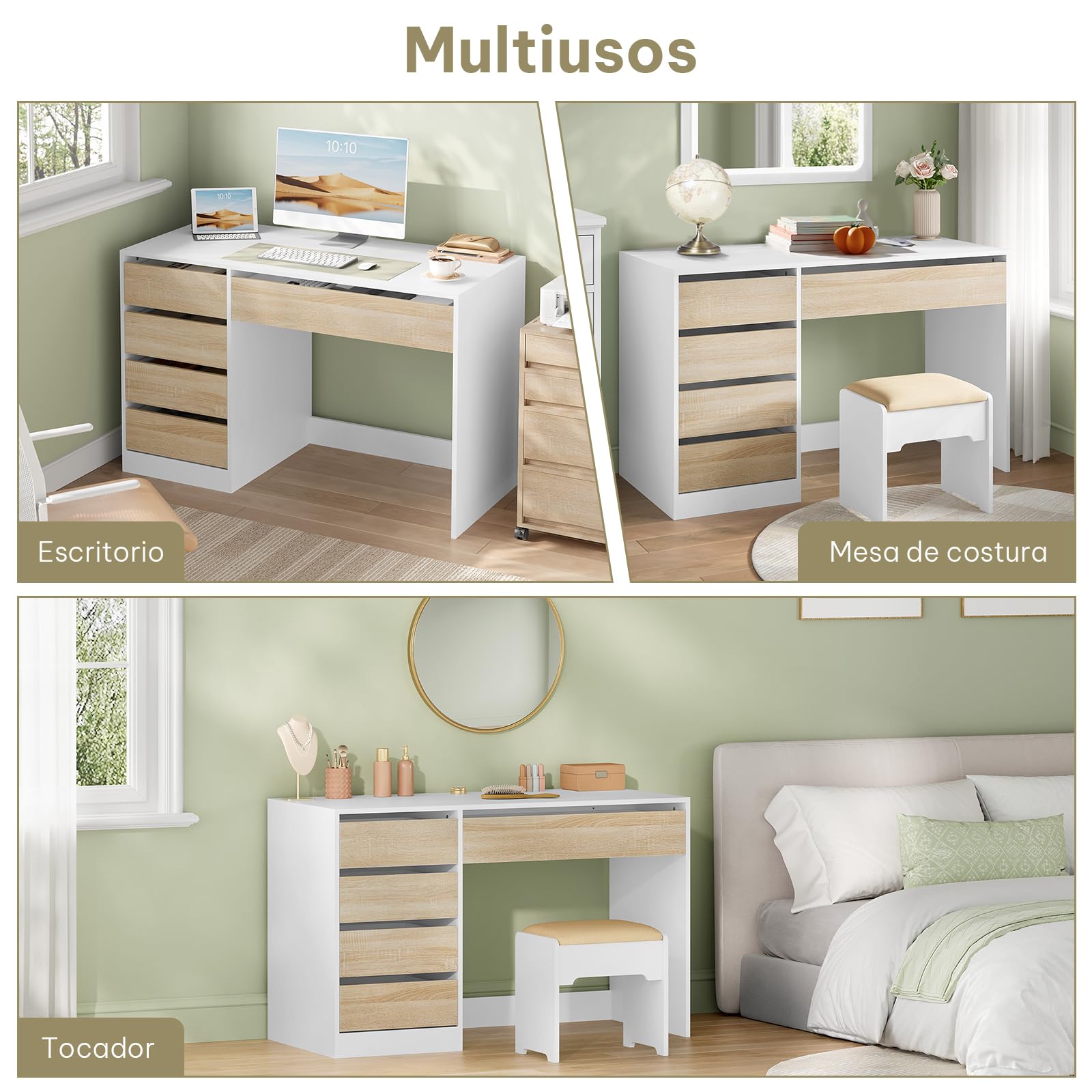 eSituro Escritorio con 5 Cajones, MDF, 120x55x75 cm, Blanco-Beige | Resistente al Agua, Cajones de Apertura Suave, para Dormitorio y Estudio
