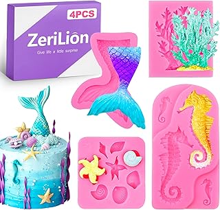 4 PCS Ocean Theme Silicone Molds with Mermaid Tail, Coral, Seahorse & Starfish - Chocolate Molds Silicone Shapes for Cake Decoration DIY Handmade Baking Tools