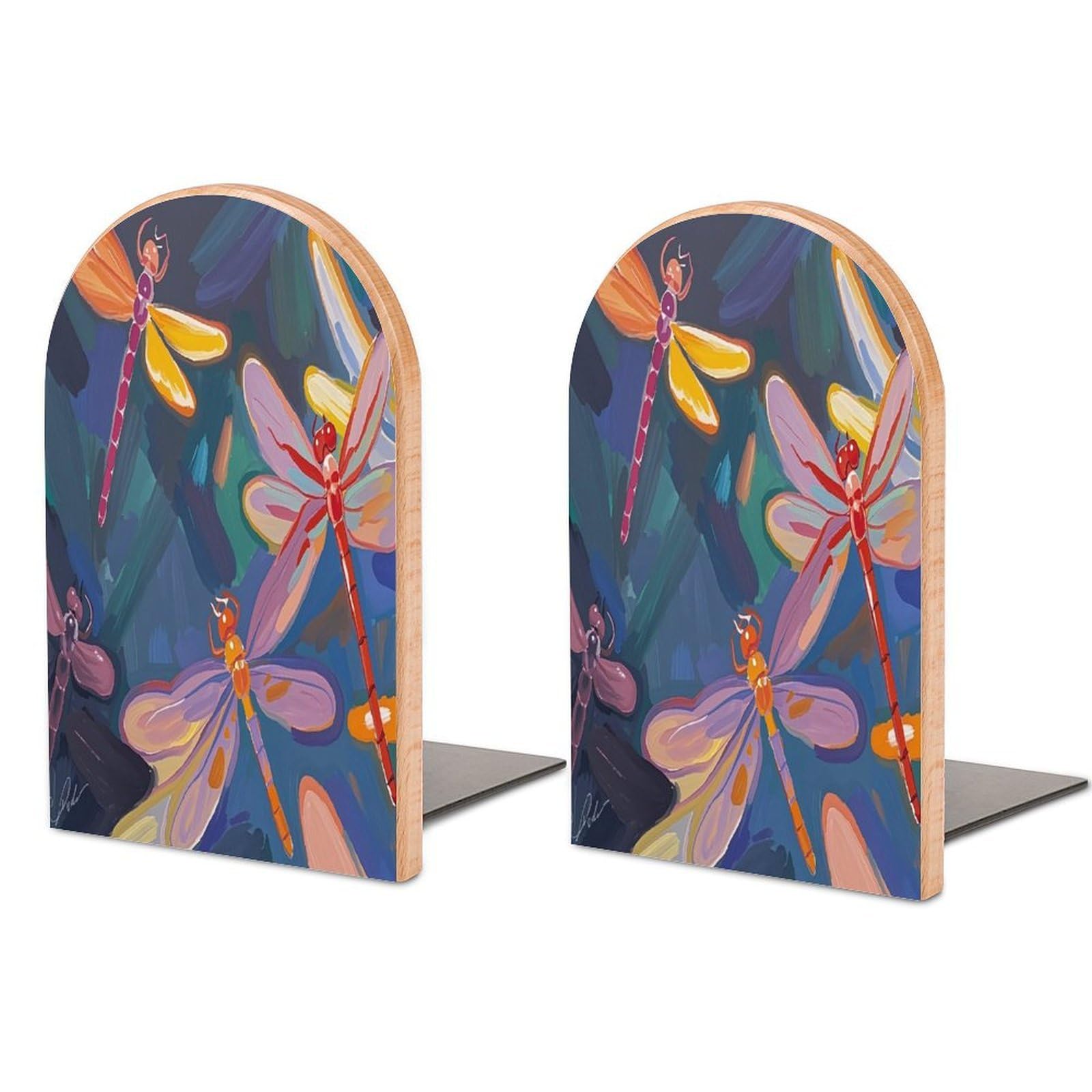 Hand Painted Dragonfly Bookend Non-Skid Wooden Bookends for Shelves Heavy Duty Wood Book Ends Decorative Book Stopper Book Stand Non-Slip Book Organizer for Home Office Library
