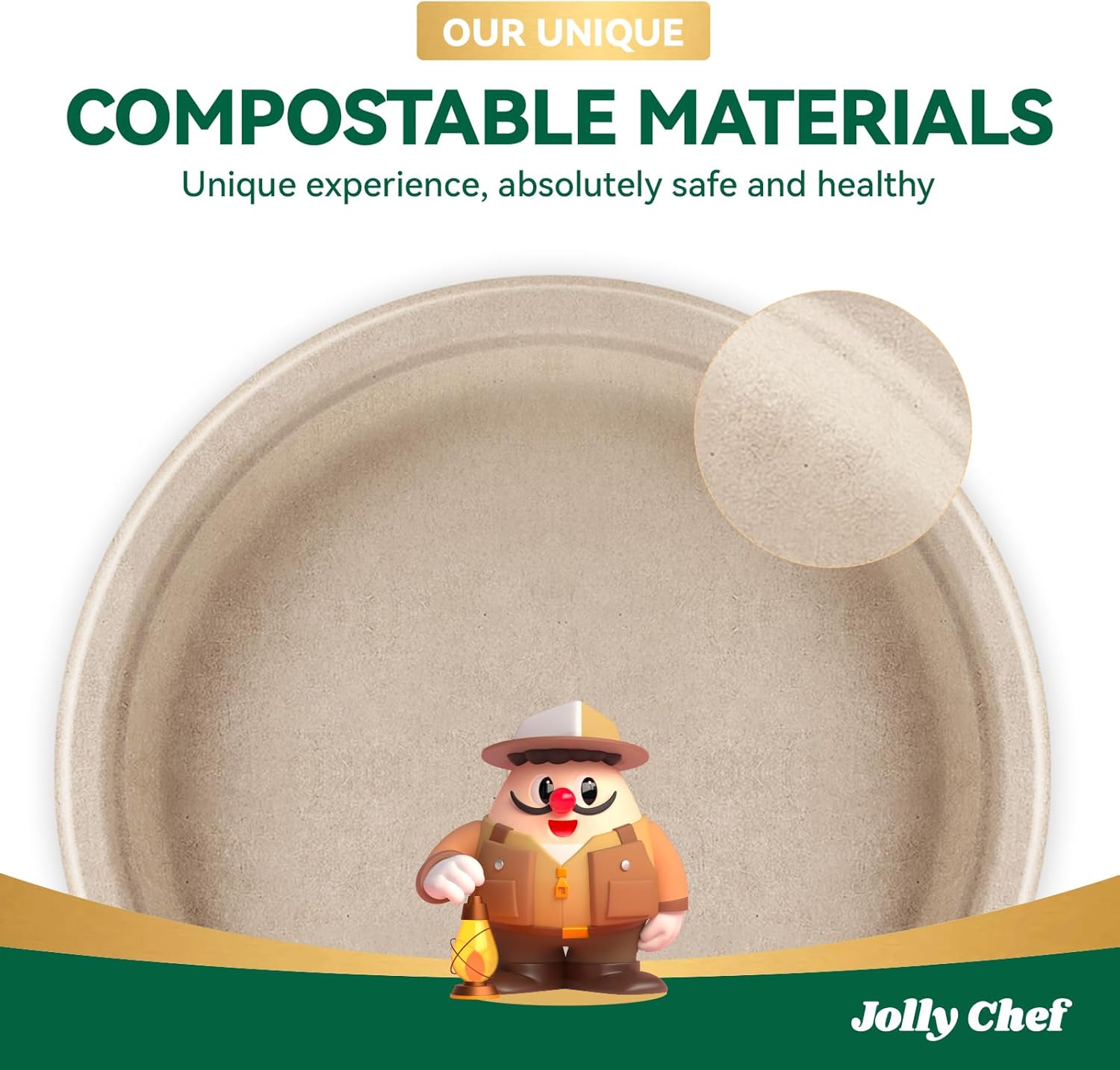 JOLLY CHEF Compostable Heavy Duty Plates 𝟭𝟬 𝗜𝗻𝗰𝗵 [𝟱𝟬𝟬 𝗣𝗮𝗰𝗸] Eco-Friendly Disposable Paper Plates Natural Bagasse Biodegradable Sugarcane Bulk for Party Hot Cold Dinner Christmas (Brown)