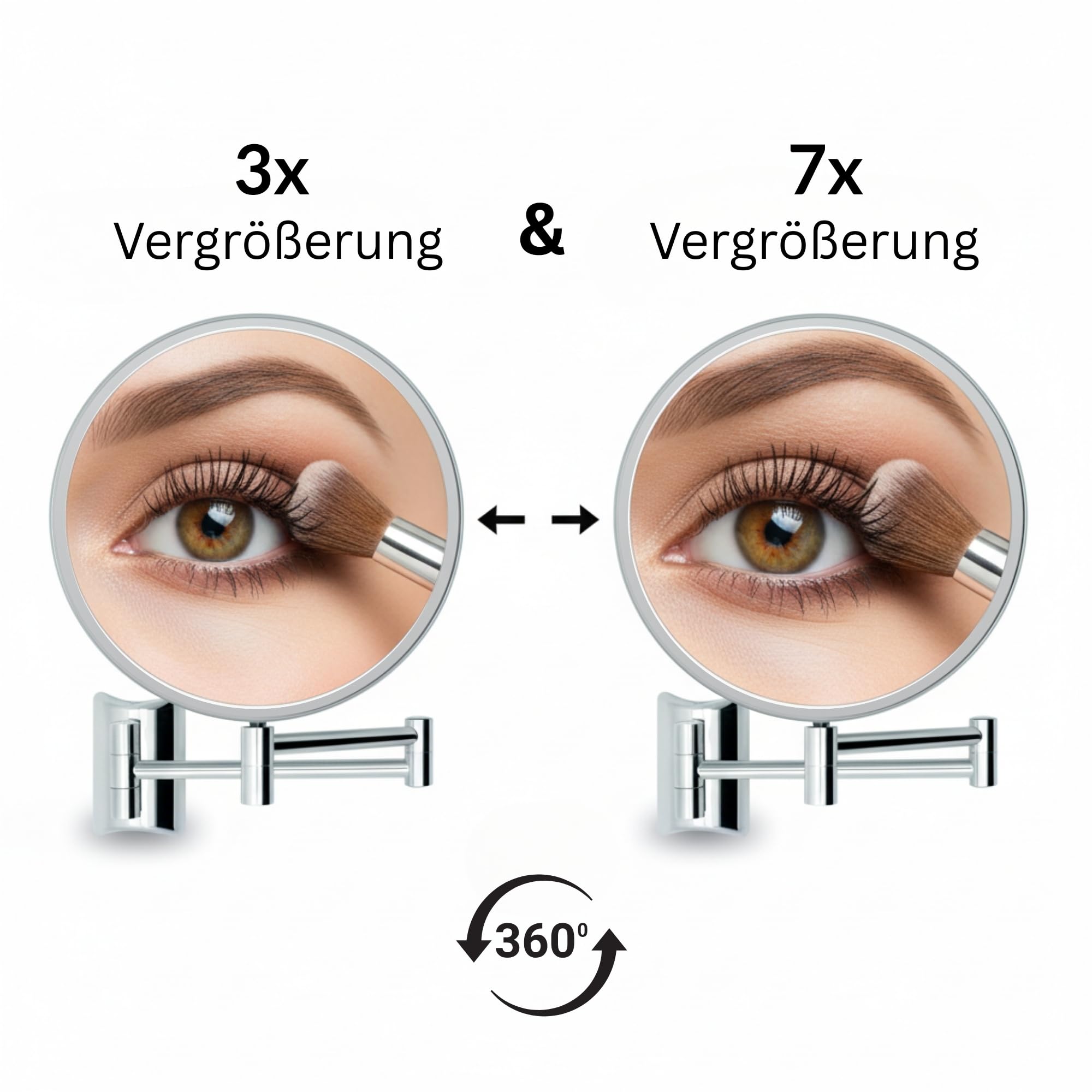 Kosmetikspiegel Imola – 360° drehbarer Schminkspiegel mit Wandmontage – doppelseitiger Rasierspiegel mit 3X & 7X Vergrößerung – ausziehbarer Badspiegel aus verchromtem Metall, Ø 19 cm