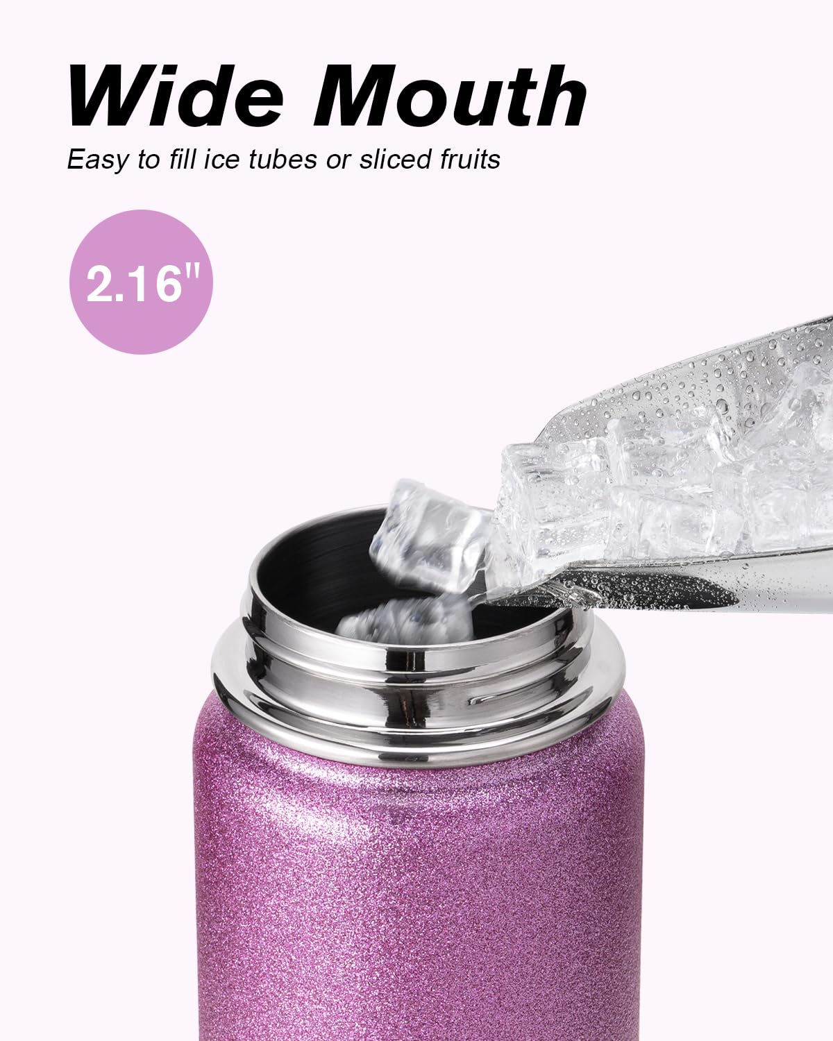 Coolflask Borraccia termica con cannuccia, in acciaio inox, con 3 coperchi, imboccatura larga, per sport o ufficio, senza BPA, mantiene il freddo fino a 48 ore o caldo fino a 24 ore, rosa glitterato