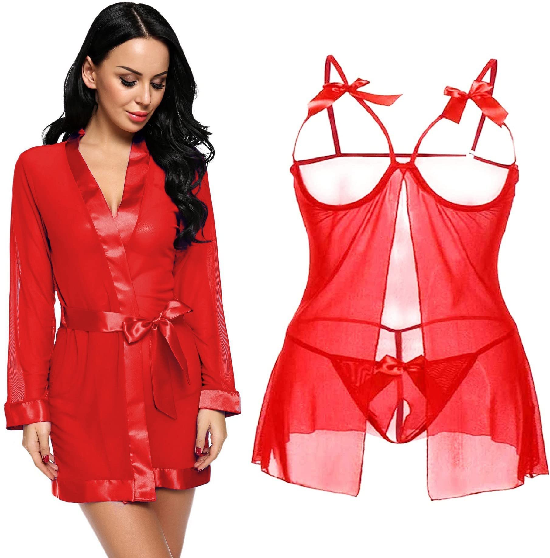 IYARA COLLECTIONNet Babydoll Nighty with G-String Panty and Robe for Honeymoon and Wedding Night for Women and Girls