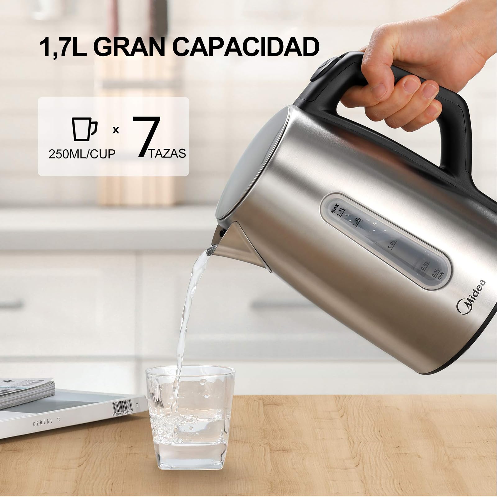 Midea Hervidor de Agua Eléctrico con Control de Temperatura (40, 60, 70, 80, 90, 100℃), Acero Inoxidable 1,7L Kettle, Hervidor Agua 2200W con Indicador del Nivel de Agua, Mantener caliente 60 minutos