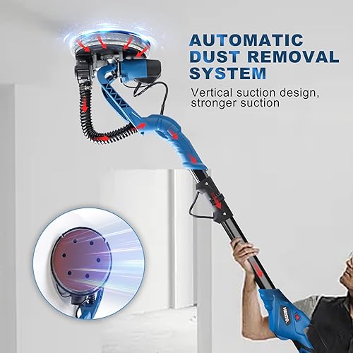 Miniatura 3 de HERZO Lijadora eléctrica para paneles de yeso, 750 W 6.5 A con velocidad variable de 1000 a 1850 RPM, accesorio al vacío, potente lijadora de pared