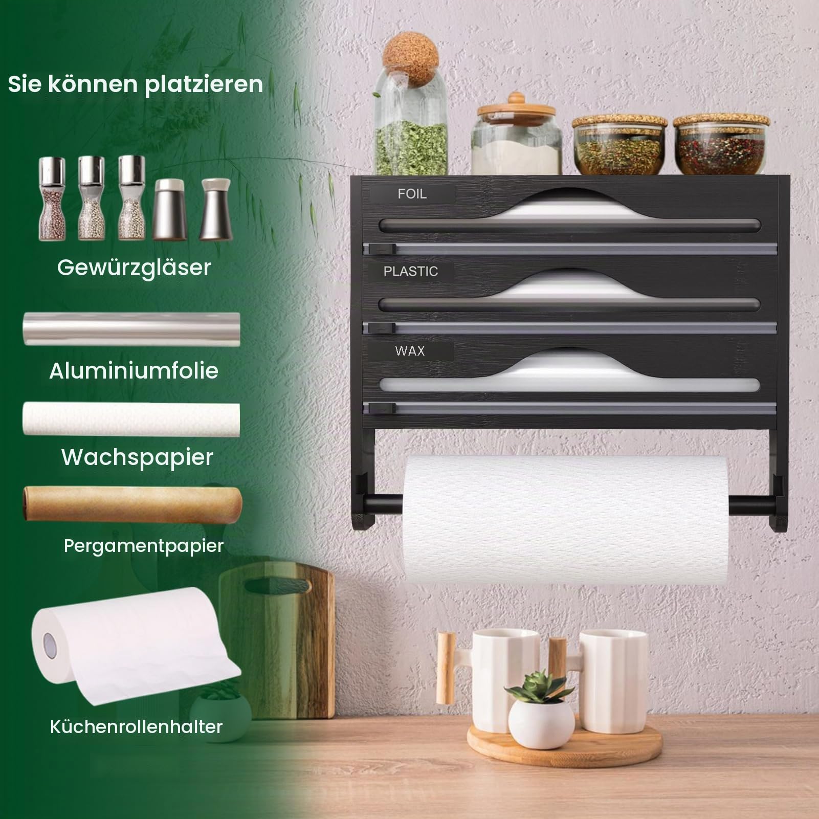 Folienschneider Frischhaltefolienspender mit Schneider und Küchenrollenhalter, Alufolienspender und frischhalte & Gewürzregal, Küche Wandrollenhalter für Frischhaltefolie und Alufolie Kompatibel 12"