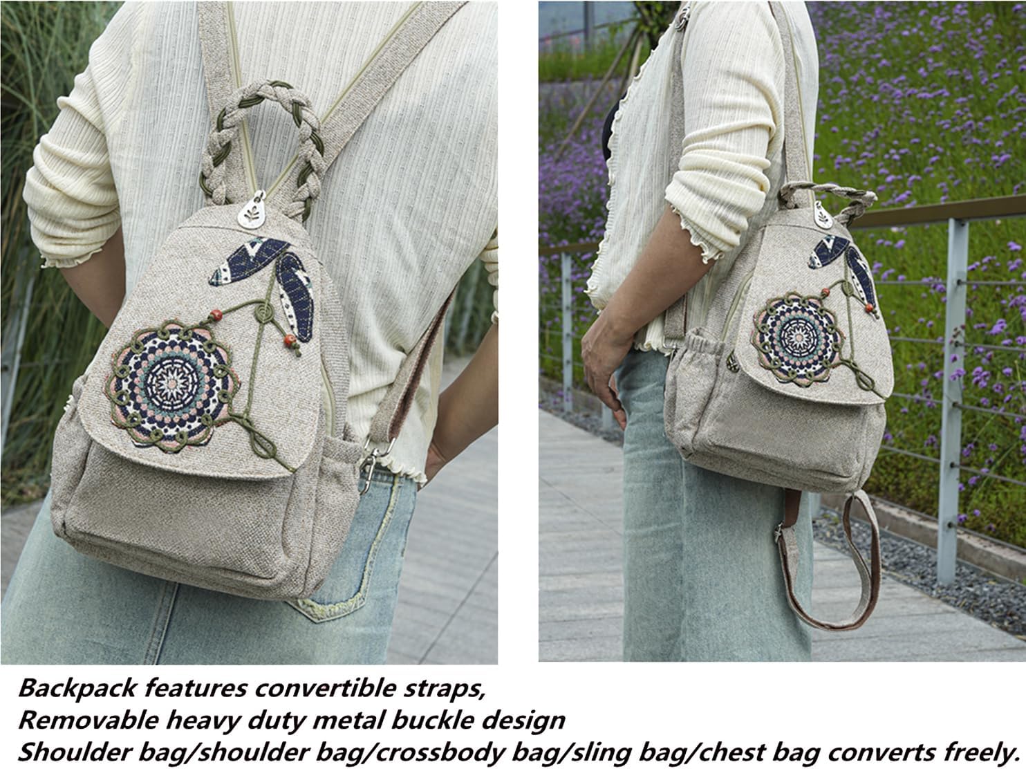 Small/Medium Backpack Purse, Boho Woven Crossbody Bag for Women Floral Embroidery Backpack Purse - Image 2