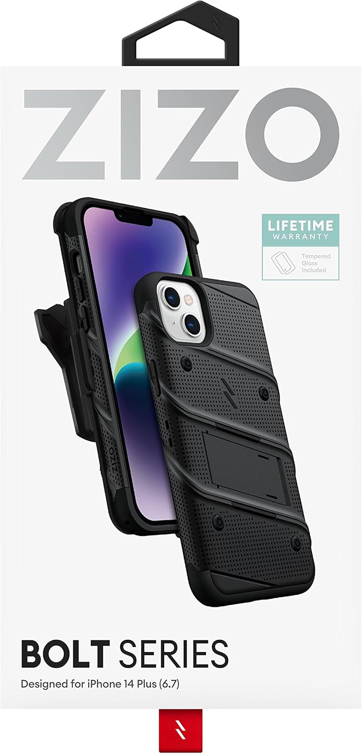 ZIZO Bolt Bundle for iPhone 14 Plus (6.7) Case with Screen Protector Kickstand Holster Lanyard - Black