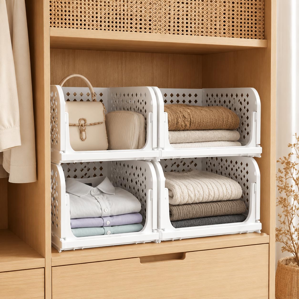 Large Cloth Stacker | Stackable Foldable Clothes Storage Organizer Basket with Pull-Out Front Opening, Plastic Wardrobe Storage Bin for Folded Clothes, Towels, Books & Household Storage, White (6)-image-17