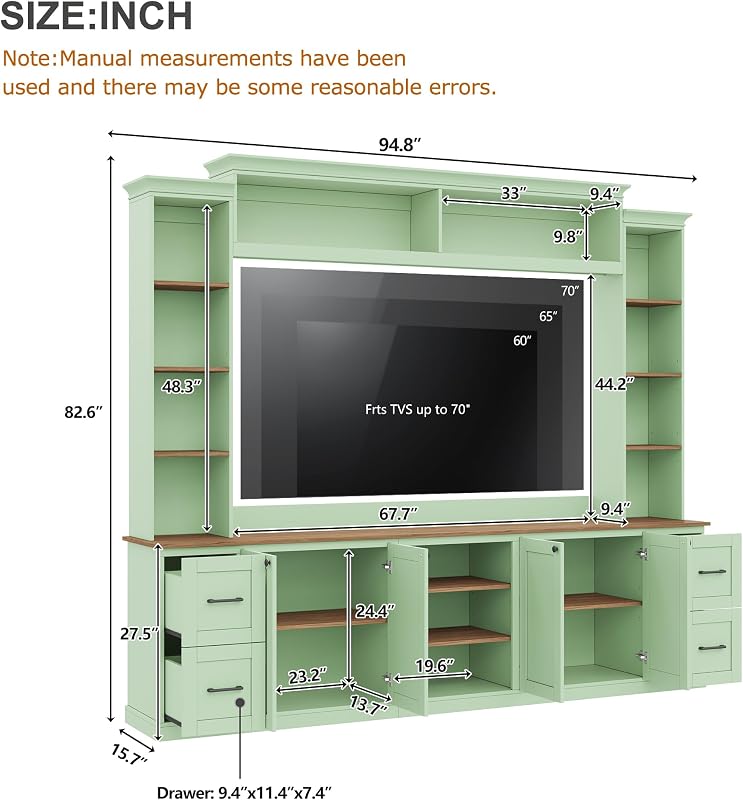 Merax 4-in-1 Wall Unit Entertainment Center with Bookshelf for TVs Up to 70", Retro Large TV Stand Media Console with Drawers, Walnut Adjustable Shelves for Living Room, Mint Green image 2
