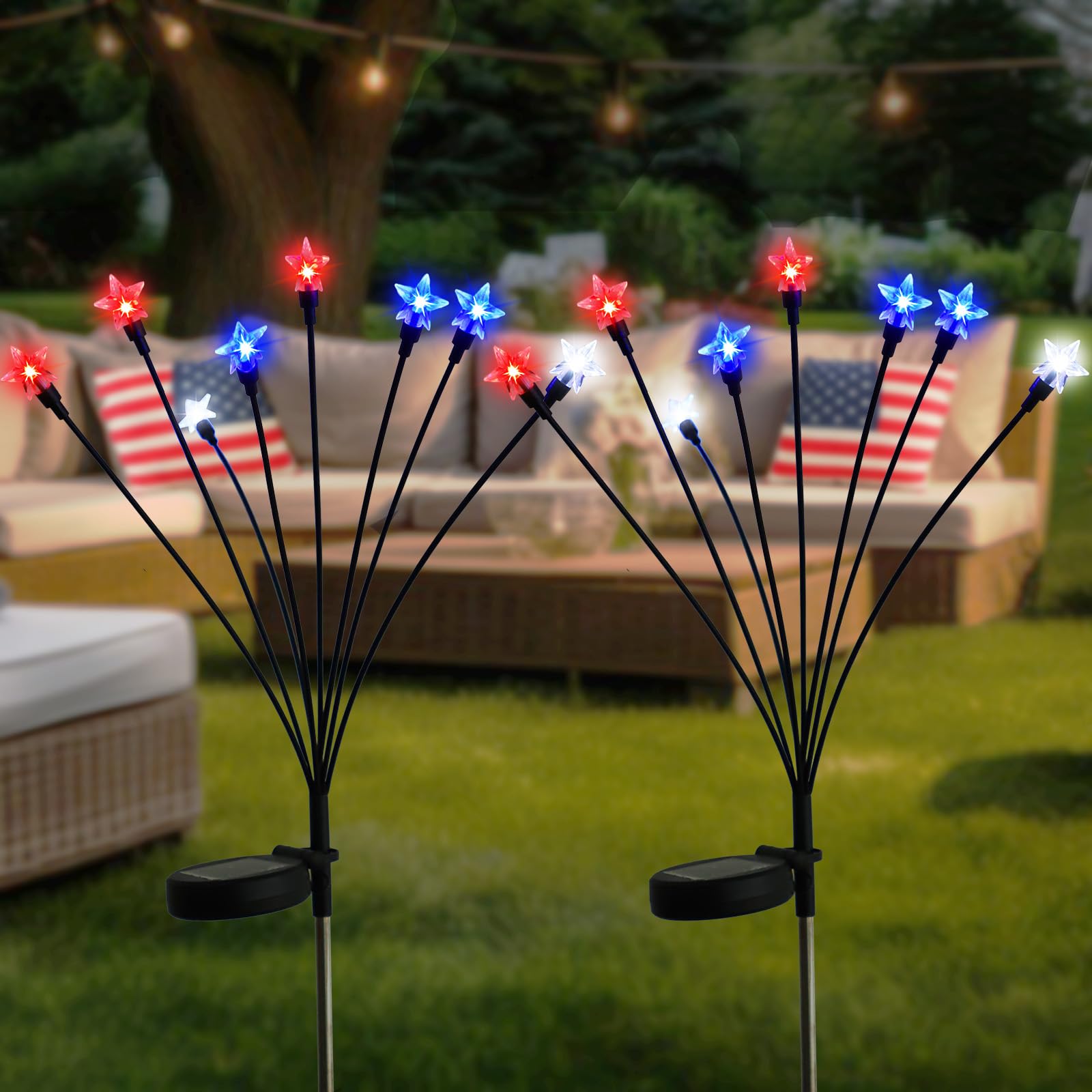Solar 4th of July Decorations Outdoor Lights, 2 Packs Red White and Blue Star Swaying Solar Garden Lights, Waterproof Patriotic Outdoor Decorations for Yard Pathway Landscape Decor