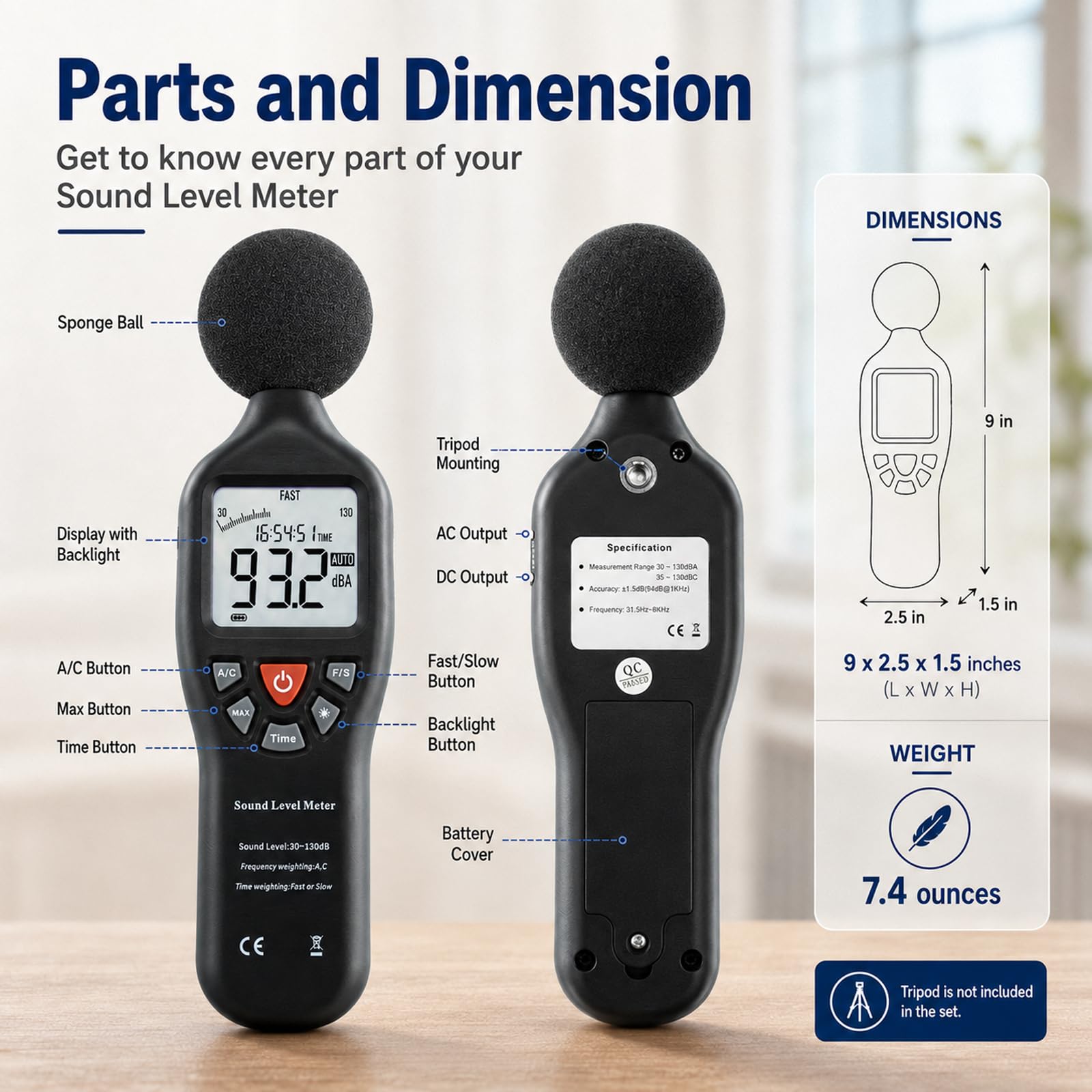 GAIN EXPRESS Handheld Digital Sound Tester poziomu hałasu, kalibrator do miernika poziomu dźwięku 94 dB i 114 dB wyjście klasa I w/bateria +/- 0,3 dB system pomiarowy