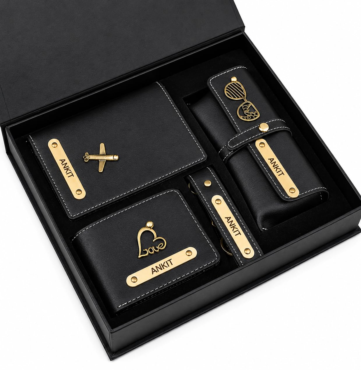 Personalised Bifold Wallet Combo Set, PU Leather, Custom Name Plate, Keychain and Pen, 3 Piece Gift Set for Men (Black)-image-49