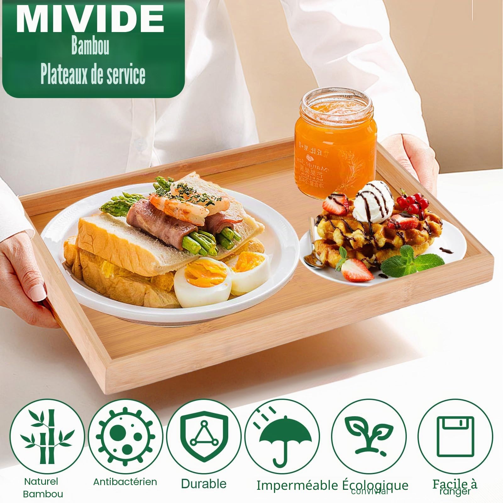 MIVIDE Lot de 4 Plateaux de Service Rectangulaires en Bois de Bambou 37 x 26 x 2.5 cm - Plateau Repas Bois, Plateau Service pour Petit Déjeuner, Thé, Table Basse, Boissons