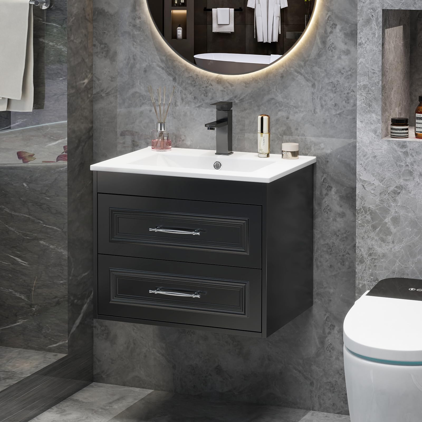 YU YUSING 60 cm Ensemble de Meuble de Salle de Bain Suspendu - Lavabo Céramique Blanc Incrusté, Robinet Noir, 2 Grands Tiroirs à Fermeture Douce, Design Moderne, Blanc et Noir, pour Espace Réduit