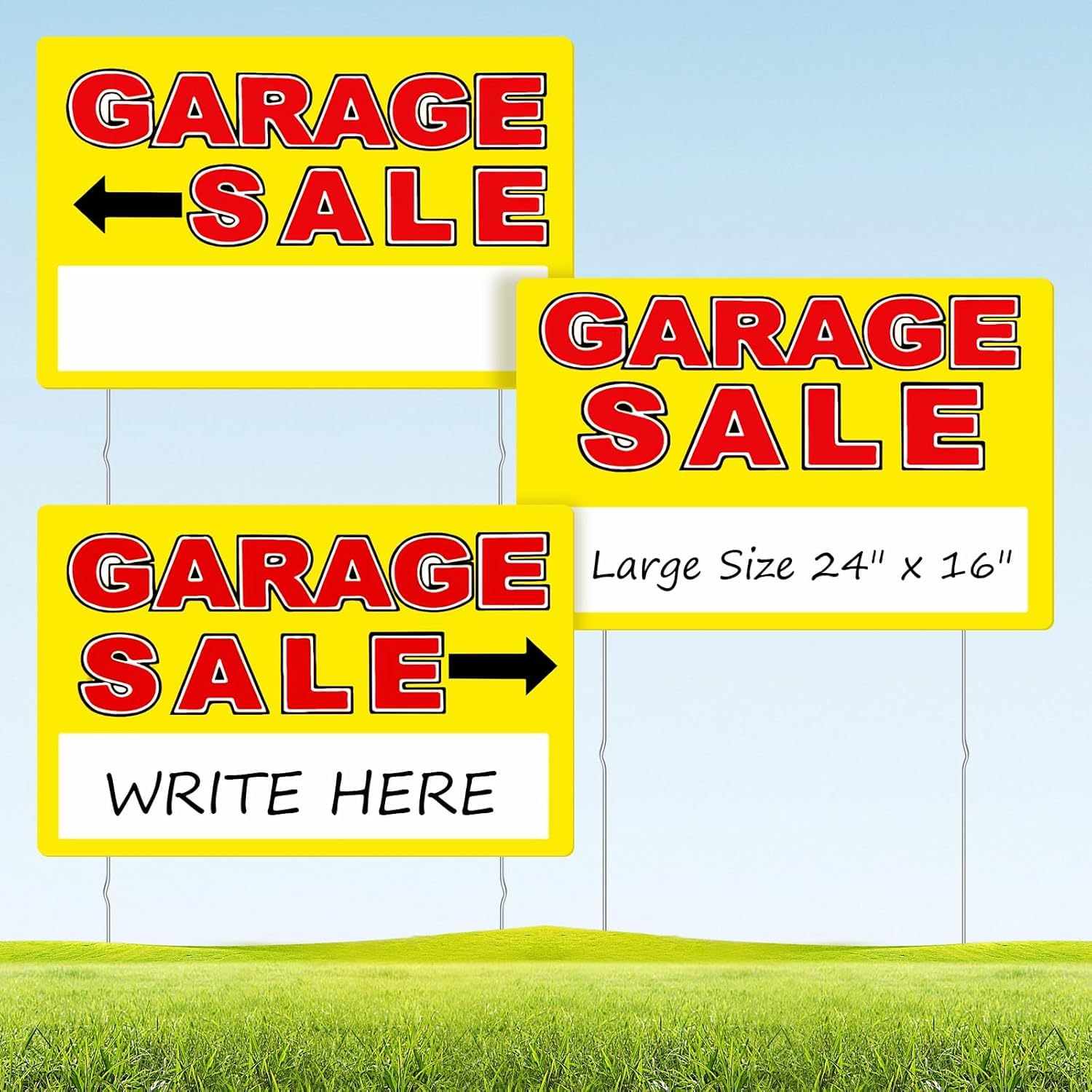 Garage Sale Sign, Large Size 24" x 16" Garage Sale Signs with Stakes, 3PCS Double-Sided for Sale Sign with Directional Arrow, Corrugated Plastic