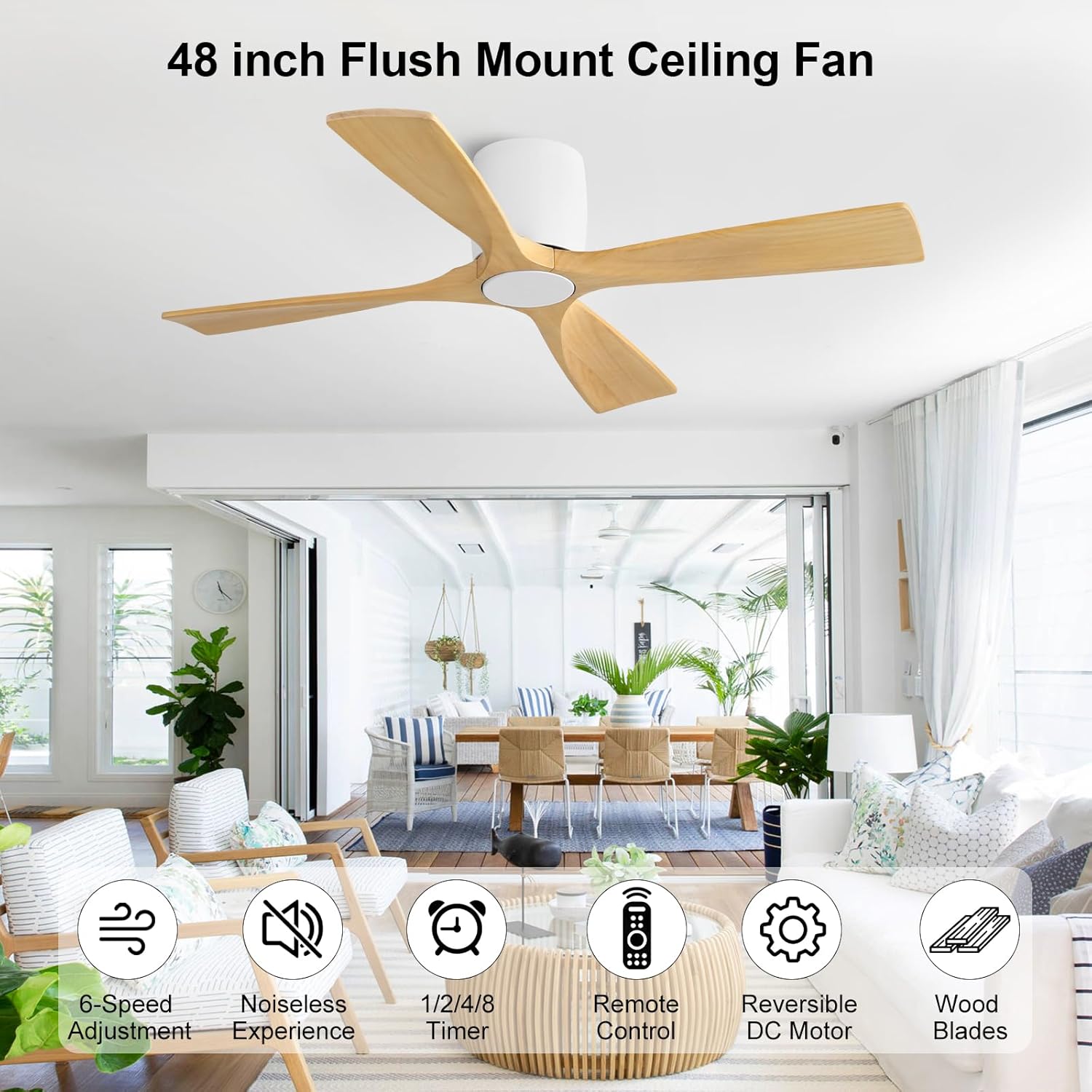 WINGBO 48 Inch Ceiling Fan Without Light, Solid Wood Flush Mount Ceiling Fan with Remote Control, Reversible DC Motor, 4 Blades,6-Speed Quiet Performance, for Bedroom & Living Room,White+Light Wood