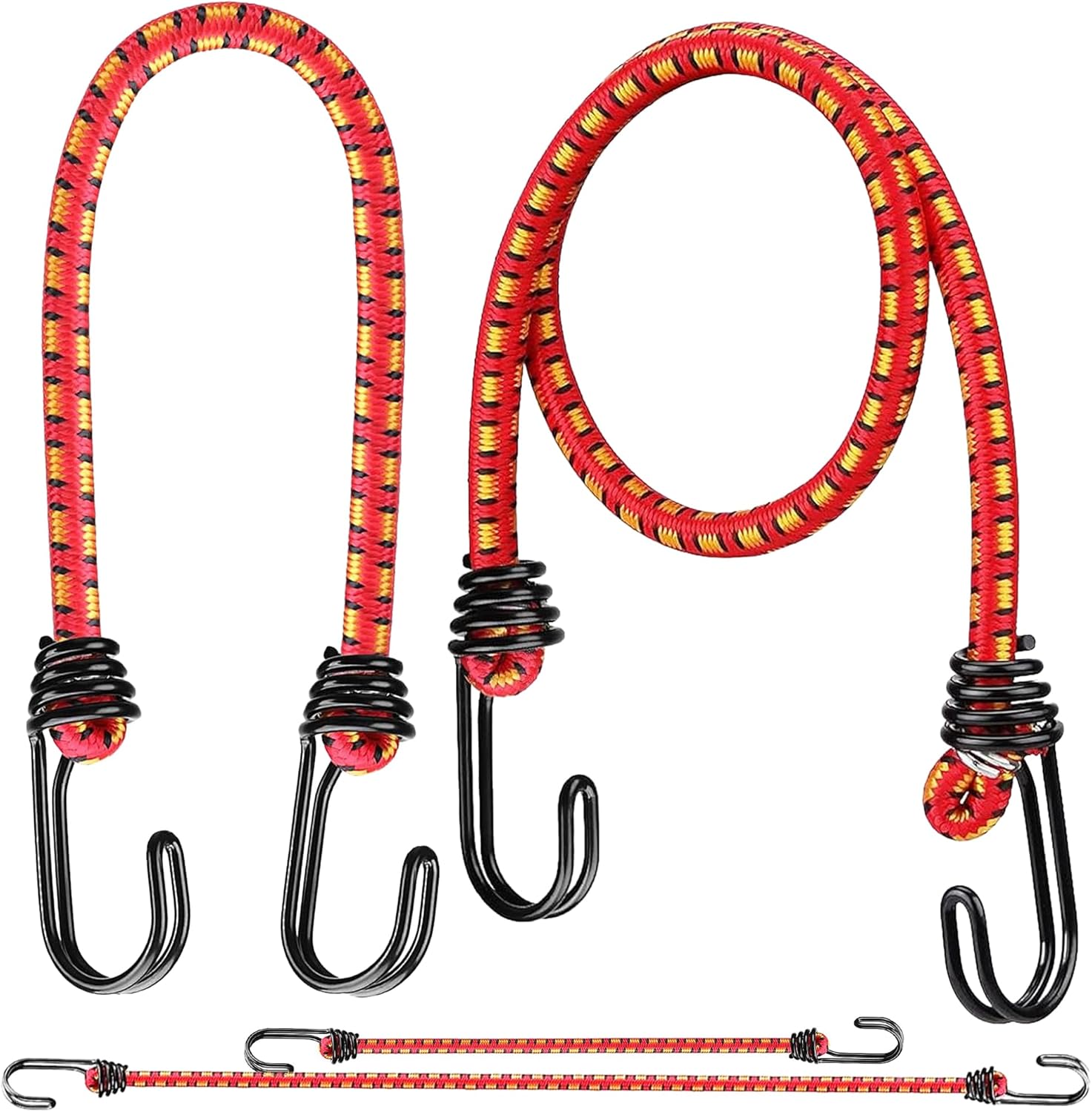 6pcs Orange Bungee Cords with Open Hooks – Mixed Sizes – High-Visibility Tie Downs for Outdoor and Storage