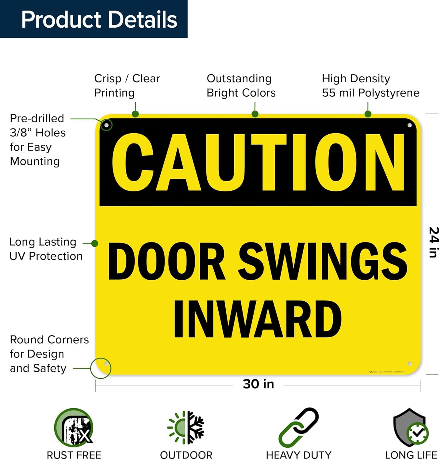 Caution Door Swings Inward OSHA Sign, 24x30 Inches, 55 mil thick HDPS (high density polystyrene), Made in USA by My Sign Center