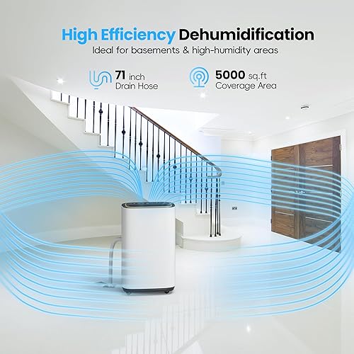 Miniatura 3 de Deshumidificador de 5000 pies cuadrados, deshumidificadores de 50PT24H con manguera de drenaje para sótano, deshumidificador de compresor grande
