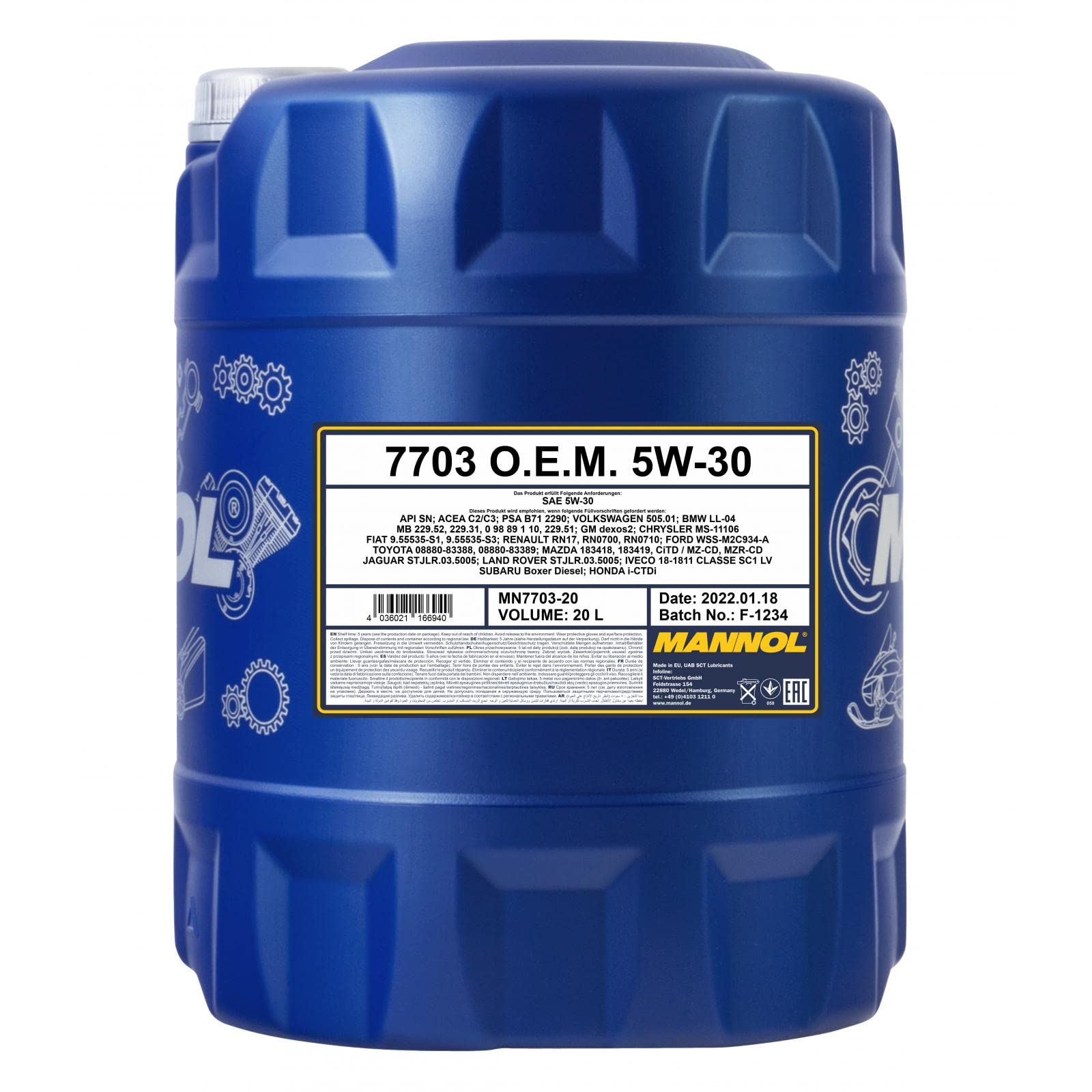 MANNOL Aceite de motor 5W-30 Energy ACEA C3 ACEA C2 API SN API CH-4 Formula PSA 20L Compatible con VW Polo V Hatchback 6R1, 6C1, PEUGEOT 208 I Hatchback CA, CC, OPEL Corsa D Hatchback S07, NISSAN, KIA