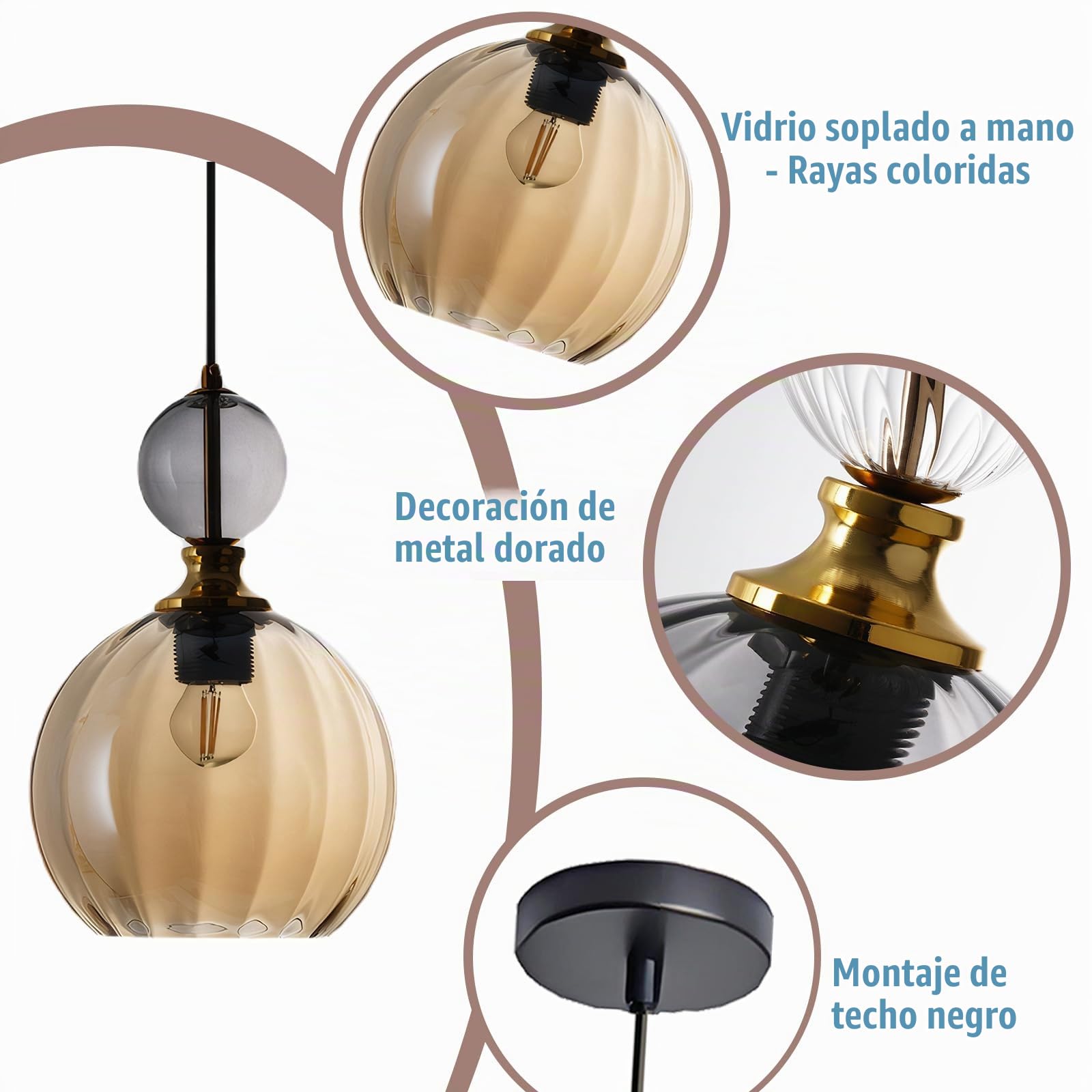 Lámpara Colgante De Vidrio Soplado a Mano Con Detalles Dorados, Lámpara De Techo E27 Regulable – Estilo Industrial Moderno Para Cocina, Comedor, Dormitorio (Ámbar)