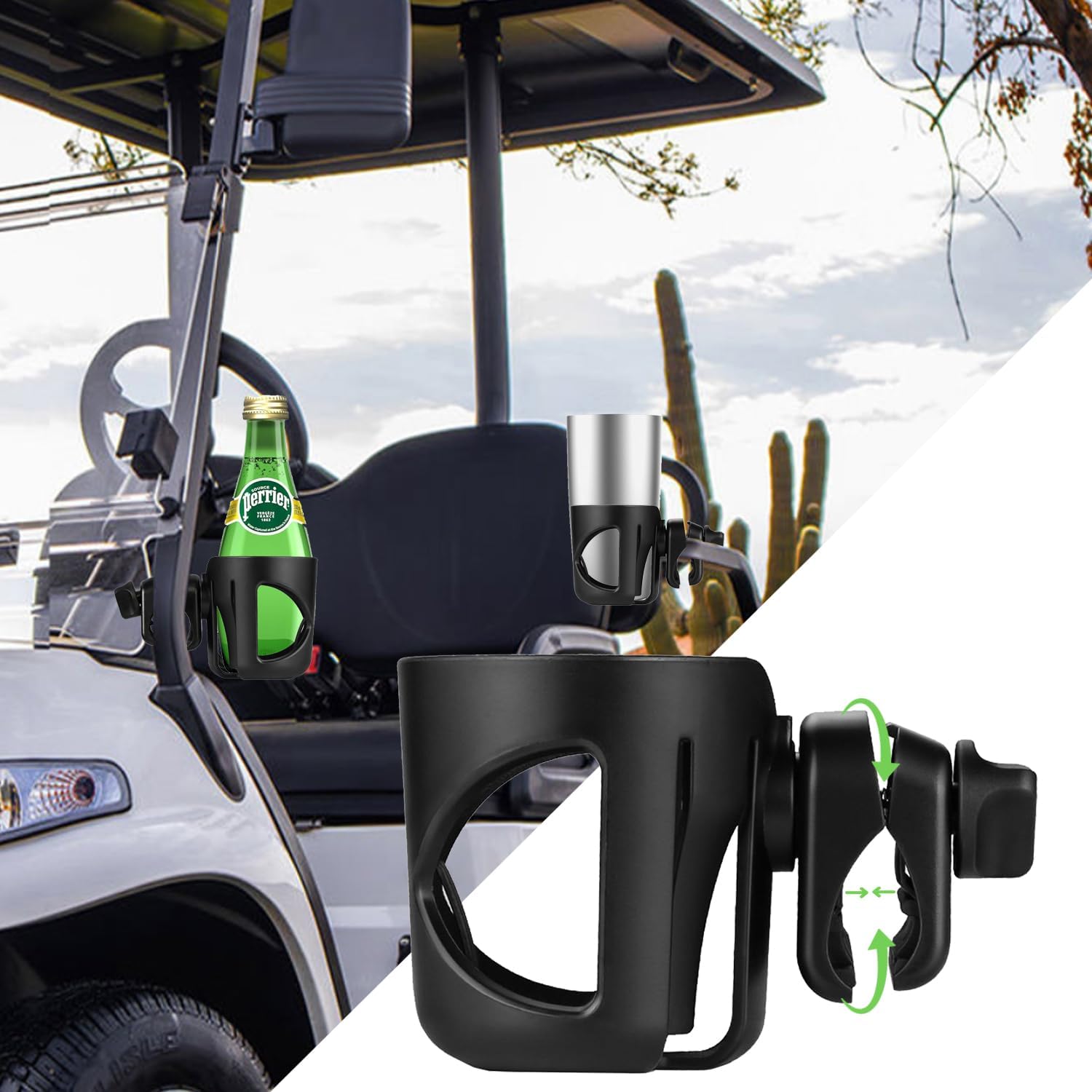 New Golf Cart Cup Holder Compatible with EZGO/Club Car/Yamaha & Most Golf Carts. A Solid Super Secure Fit. 360 Degrees Rotatable. Anti-Shake Spill Resistant. (Black)