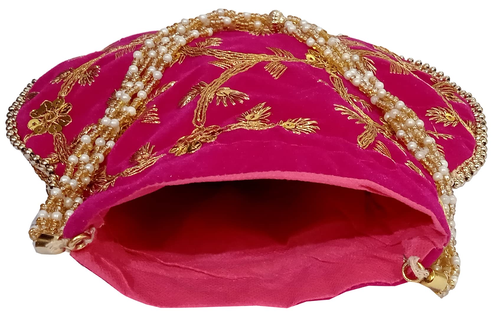 Purpledip Chenille Potli Bag (Clutch, Drawstring Purse): Intricate Gold Thread & Sequin Embroidery Satchel For Women, Fushcia Pink (12603A) 2