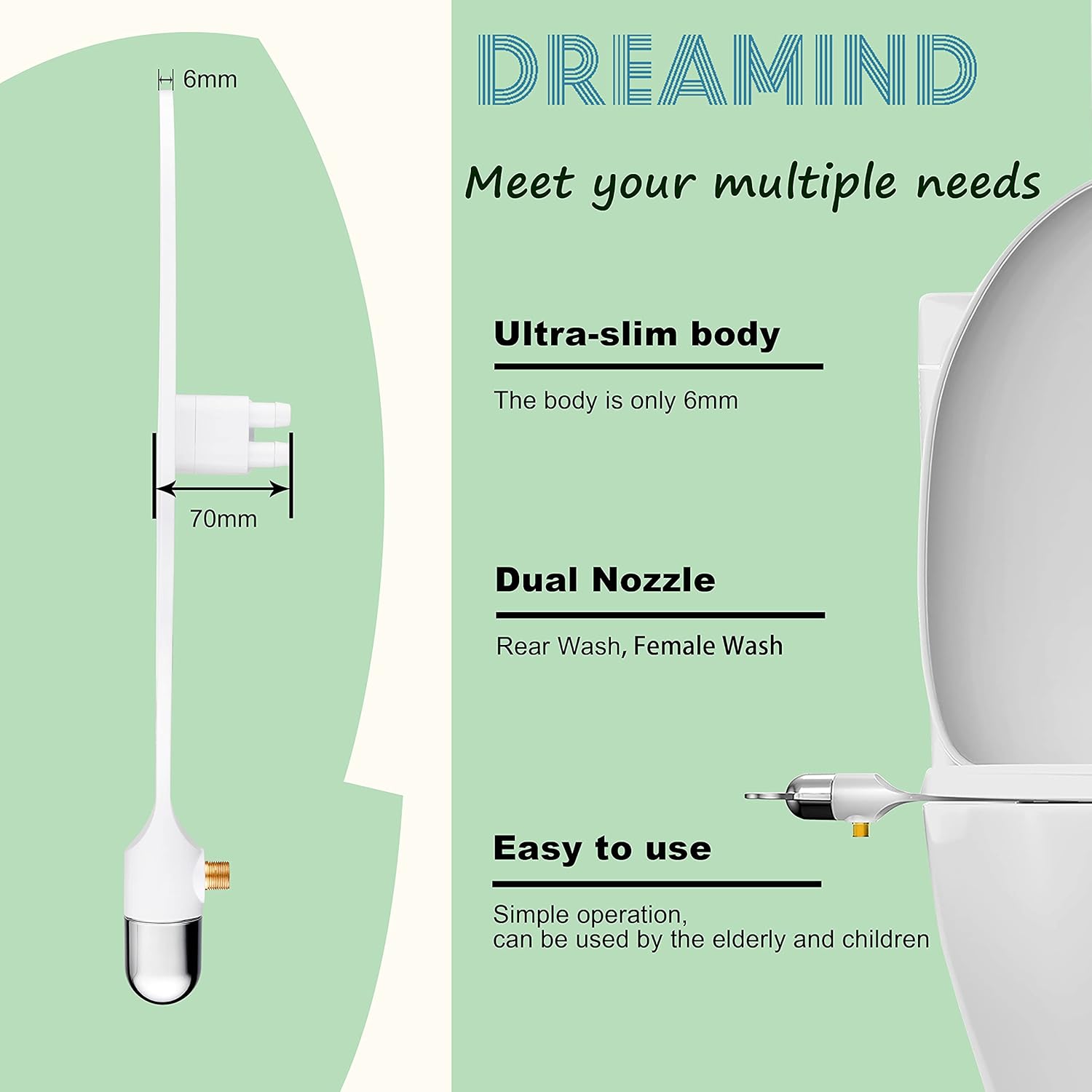 DREAMIND Bidet Attachment for Toilet, Ultra-Slim Bidet Non-Electric with Dual Nozzle(Rear/Feminine Wash) Fresh Water Sprayer with Adjustable Pressure, Bidet Seat Attachment with Brass Inlet - - 