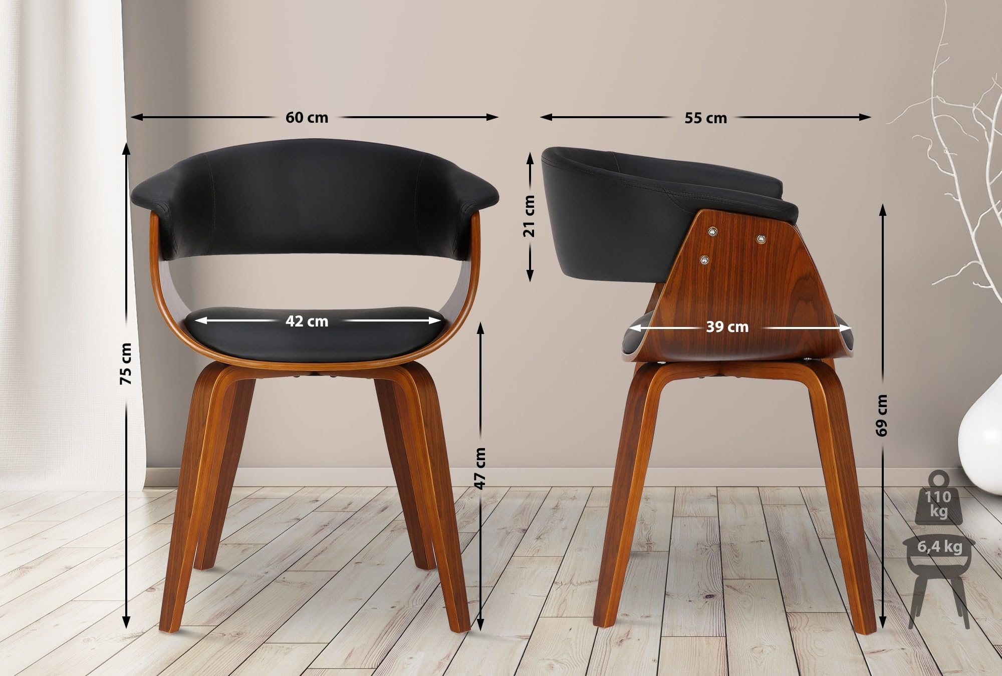 CLP Silla De Comedor Bruce De Madera Acolchada & Tapizada En Polipiel I Butaca De Salón Moderna con Base De 4 Patas Color:Negro