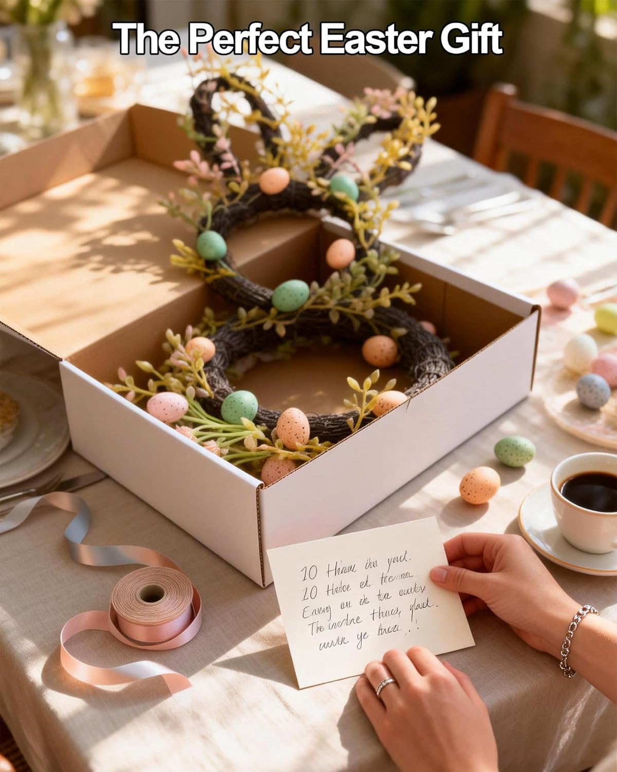 2 Pack Easter Bunny Wreath for Front Door - Large 20 Inch Rabbit Shaped Spring Wreaths with Eggs and Burlap Bow - Natural Vine Hanging Decor for Double Door Wall Porch Farmhouse (Indoor & Covered Outd