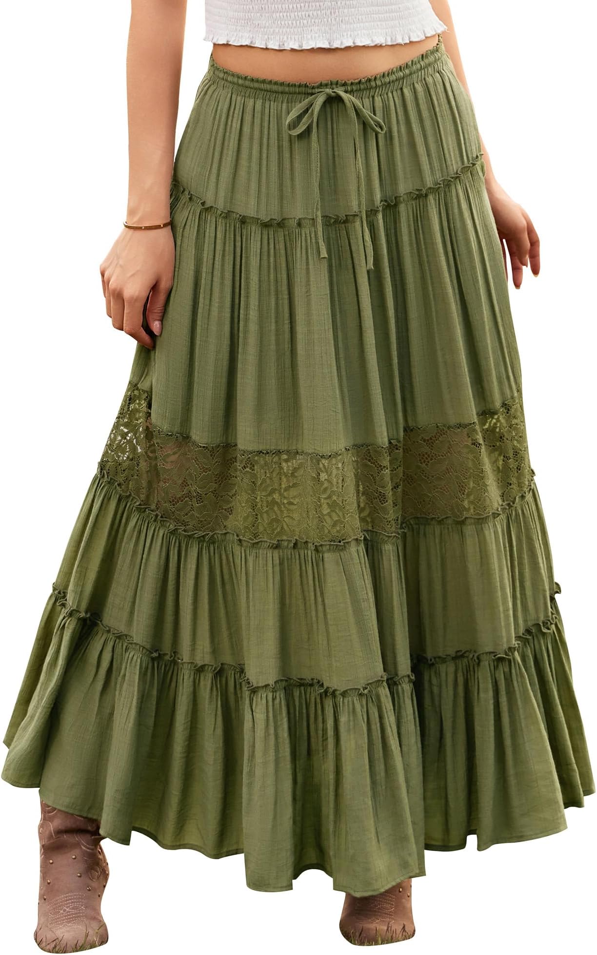 Women's Boho Maxi Skirts Flowy Lace Tiered Long Renaissance Skirt with Pockets
