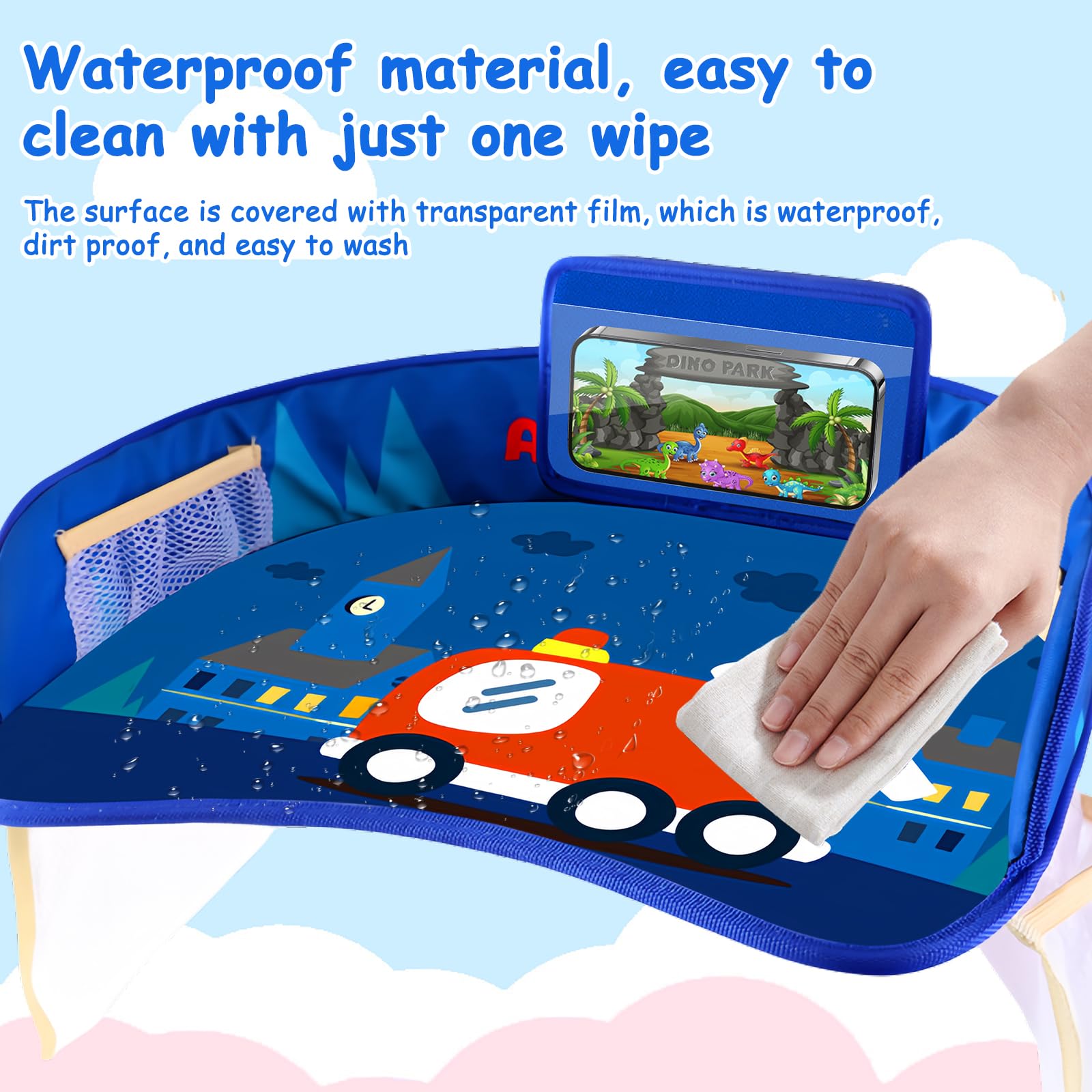 PRTIOK Tavolo da viaggio per bambini con tasche a rete: tavolino da viaggio per bambini, per giochi e tavolo da pranzo, tavolo da gioco, per passeggini, passeggini, auto, treno, blu