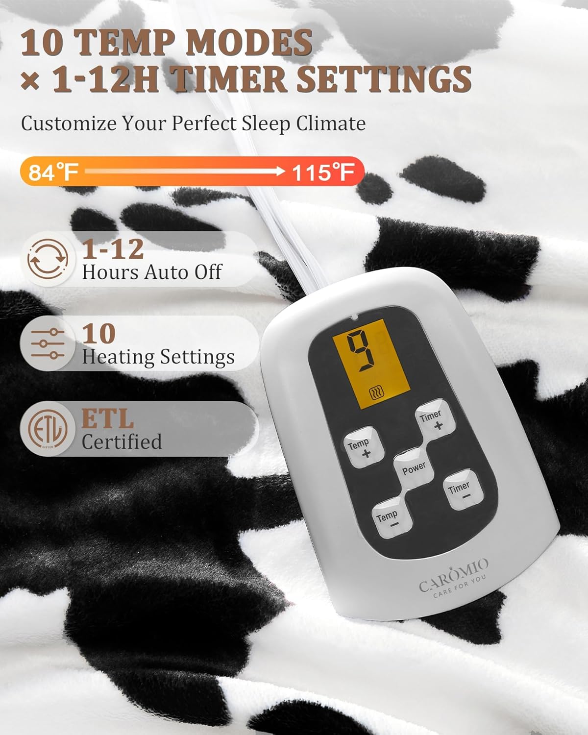 CAROMIO Heated Electric Blanket Twin Size, Cow Print Fast Heating Throw Blankets with LCD Controller, 10 Heat Levels & 1-12H Time Settings Auto Off, ETL Certified, Black White, 62" x 84" - Image 3