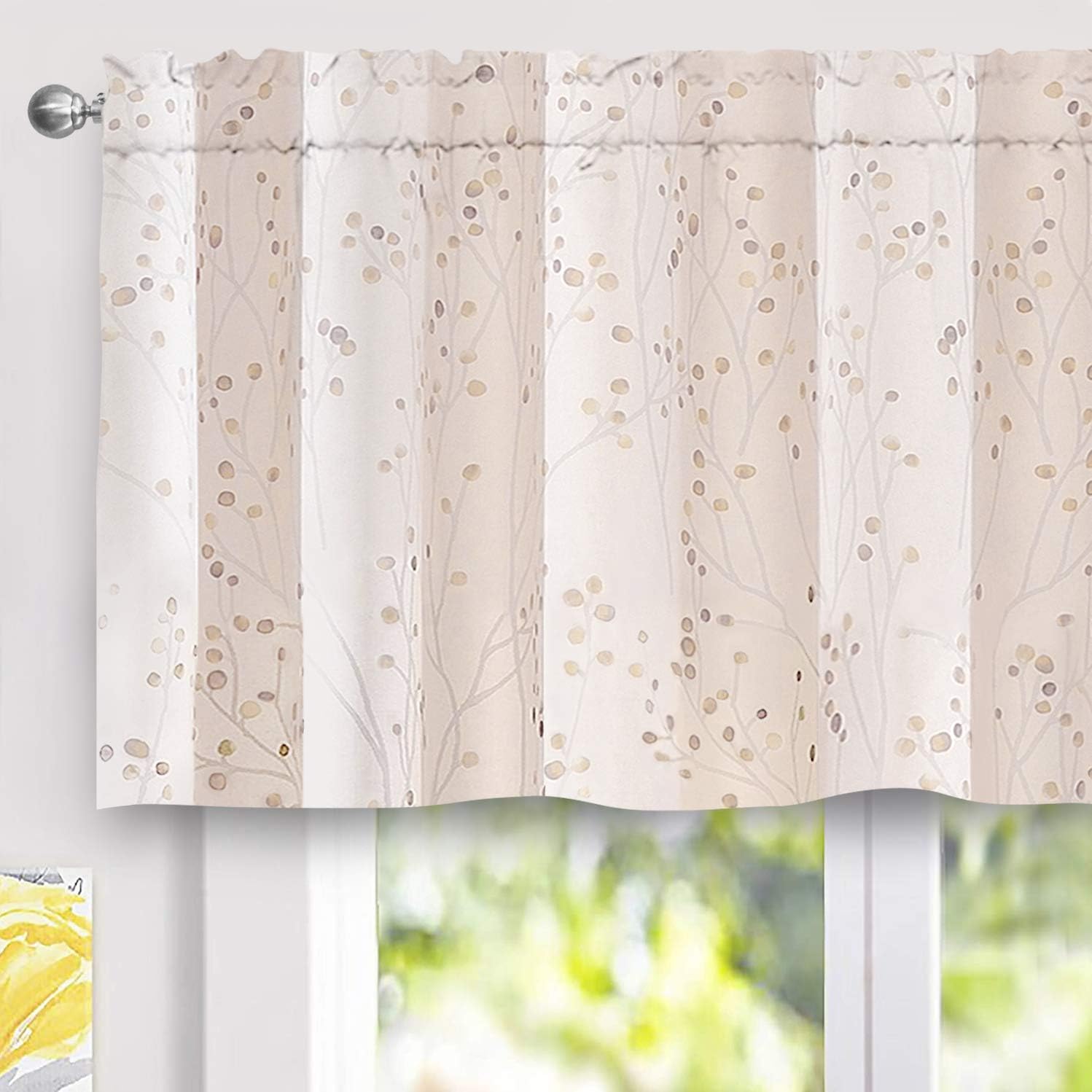 DriftAway Harper Ink Floral Pattern Window Treatment Valance Curtain Living Room Bedroom Dining Room Rod Pocket 52 Inch by 24 Inch Plus 2 Inch Header Watercolor Painting Beige