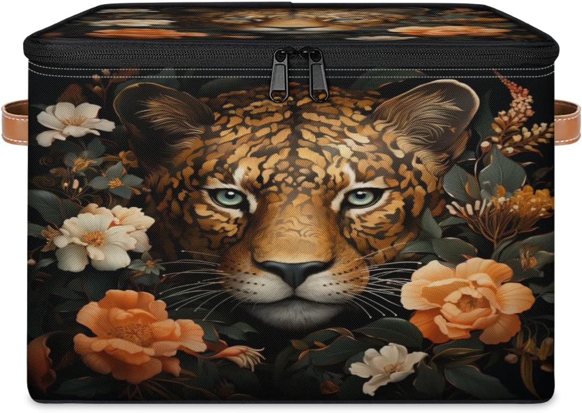 Storage Bin Set of 2 Leopard Floral Storage Basket with Zipper Lid & Handle Foldable Closet Shelf 2 Pack Cloth Organizer Basket Cube Bins Clothes Organizer for Bedroom, Nursery
