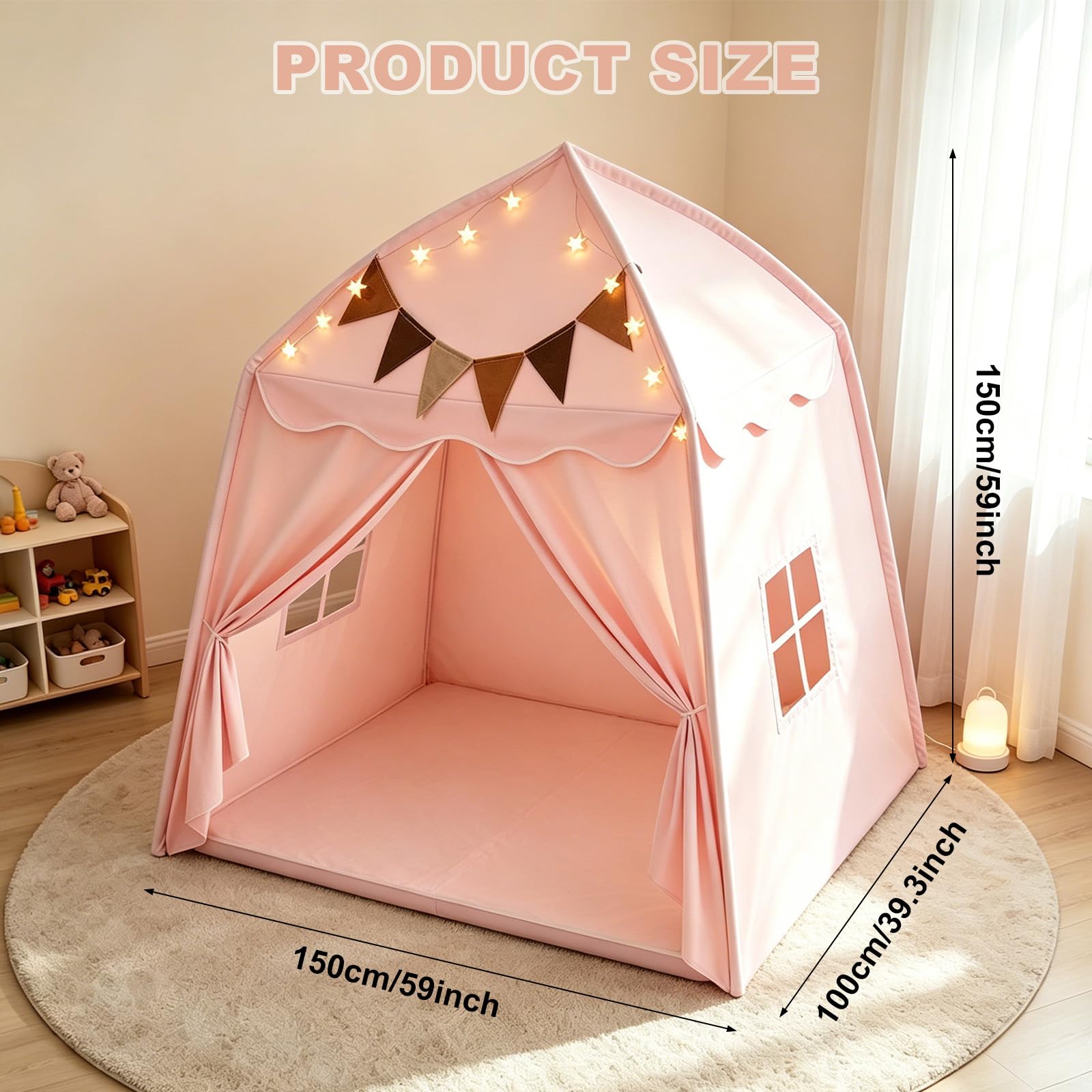 Kinderzelt für Drinnen, Spielzelt Kinder Indoor Faltbares, Zelt Kinderzimmer mit Flaggen & Lichterketten, Leseecke Kinderzimmer, Kinderzelt Indoor, Spielhaus Kinder Indoor, 150x100x150 cm (Rosa)