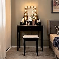 Vista 9 de CHARMAID Mesa de tocador para niñas con espejo iluminado y taburete, 10 luces LED regulables, 3 modos de iluminación de color, 4 cajones, mango