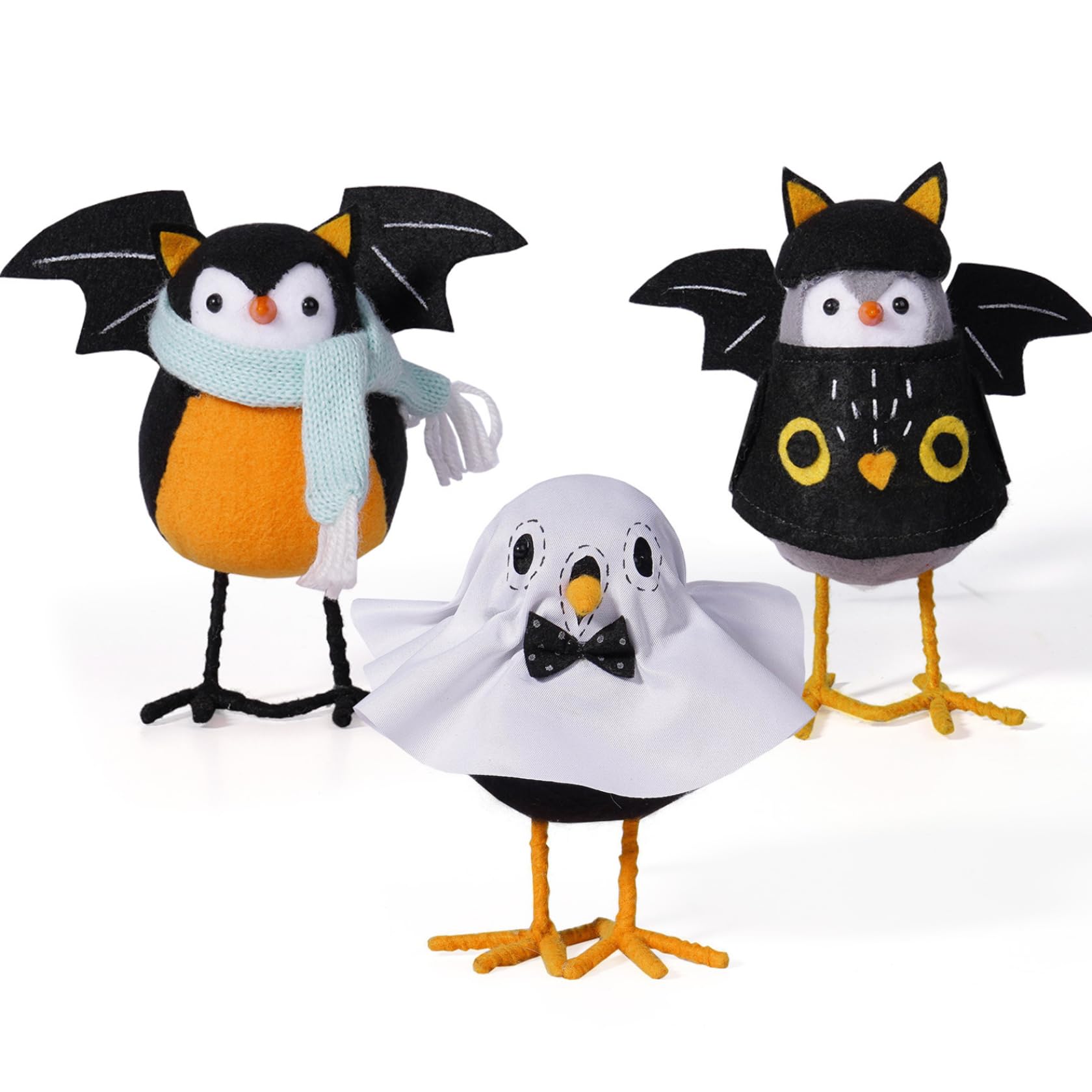 Pesoncarl Halloween Decorations, 3 Pcs Halloween Decor Cute Standing Bird Statue 3-Color Ghosts and Bats Bird Table Decor Home for Tabletop (White, Black, Orange)