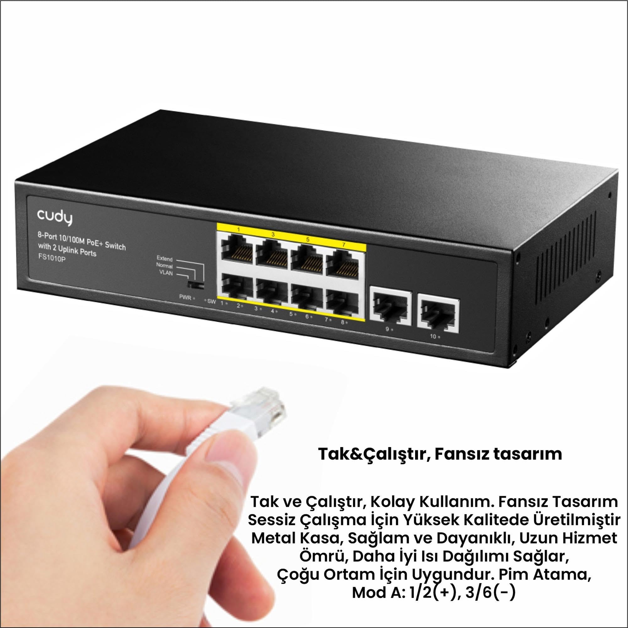 Cudy FS1010P Switch Ethernet 8+2 Porte Poe+ 120W, 8 Porte 10/100Mbps Poe+, Switch Unmanaged, CCTV/VLAN, No Alimentazione Aggiuntiva, 802.3af/at, Versione Rack in Metallo