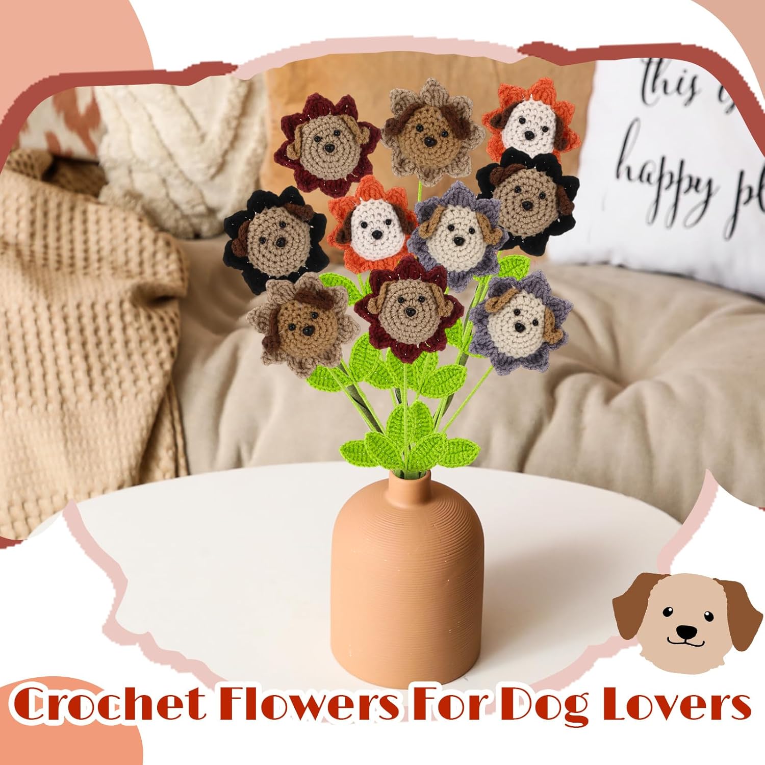 Riceshoot 10 Sets Veterinary Receptionist Gifts Bulk Crochet Dog Gifts for Women Inspirational Positive Dog Crochet Flower Veterinarian Appreciation Gift for Vet Technologist Pet Lover Desk Decor