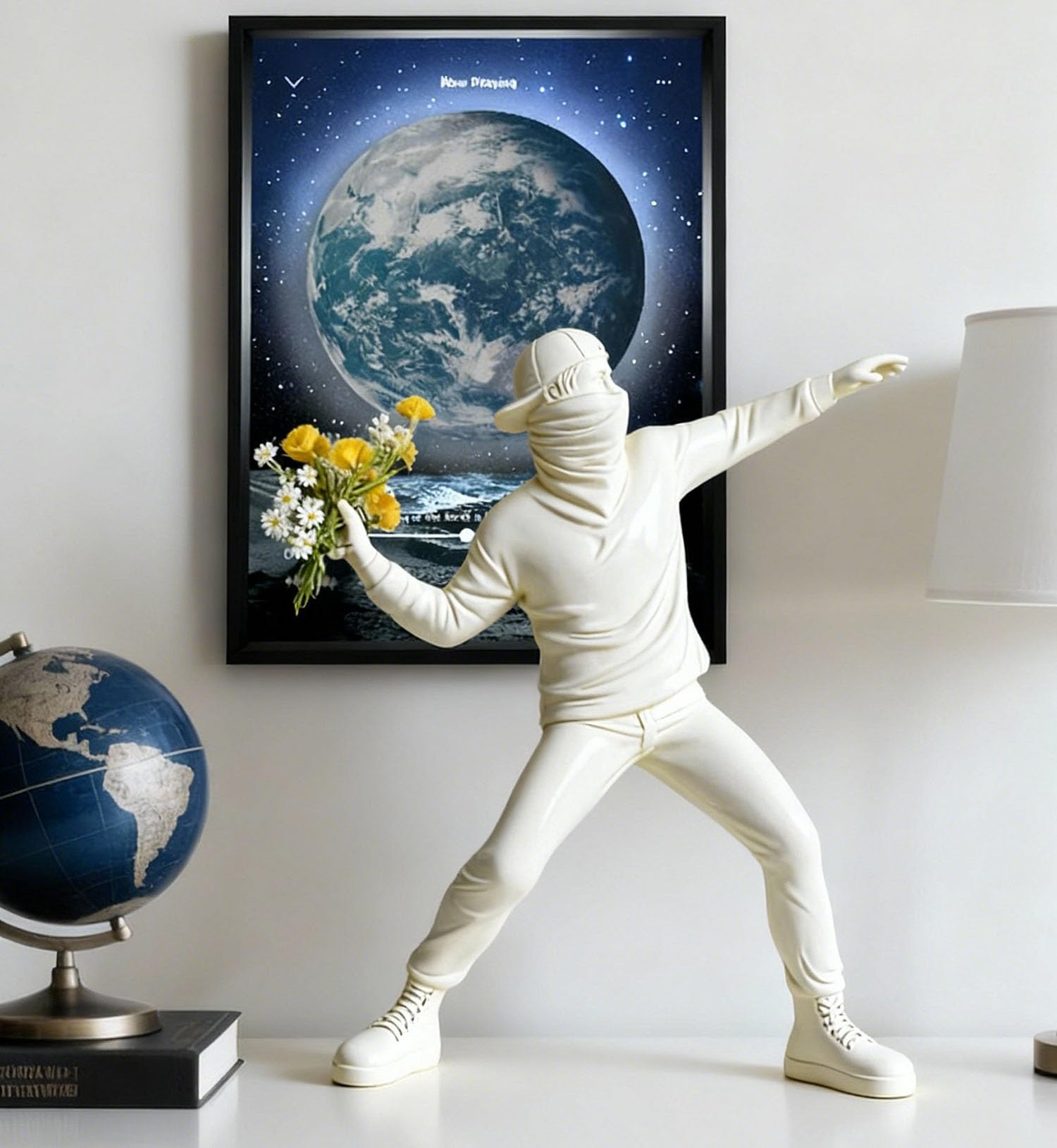 Scultura Figura Banksy,Decorazioni per Ufficio,Figura Decorative, Statuette Decorative Casa, Soggiorno Decorativo Moderno da Appoggiare, Scultura Astratta in Poliresina, Idea Regalo(Bianco)