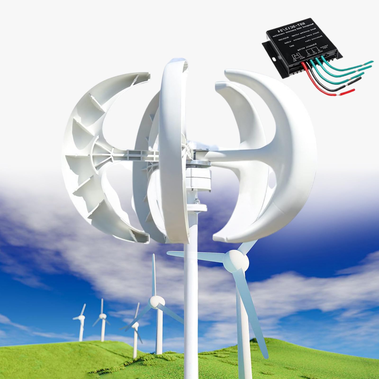 Wind Turbine 10000W 12V/24V/48V/110V/220V 5 Blade Wind Vertical Generator 3 Phase AC Permanent Magnet Generator Wind Turbine Kit with Controller for Hybrid Wind Solar System,White48V