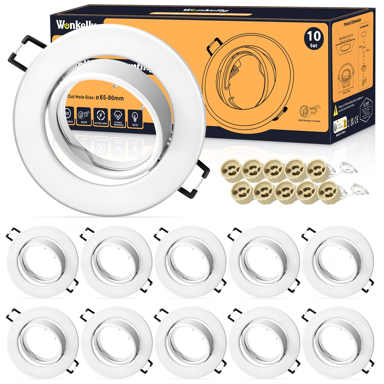 Foco Empotrable LED Techo, 10 Pieza Marco Focos GU10 Blanco Redondo, con Portalámparas GU10 para Lámparas de Led O Halógena, Ángulo basculación 30° AC 230V, Marco Empotrado Ojos de Buey para Techo