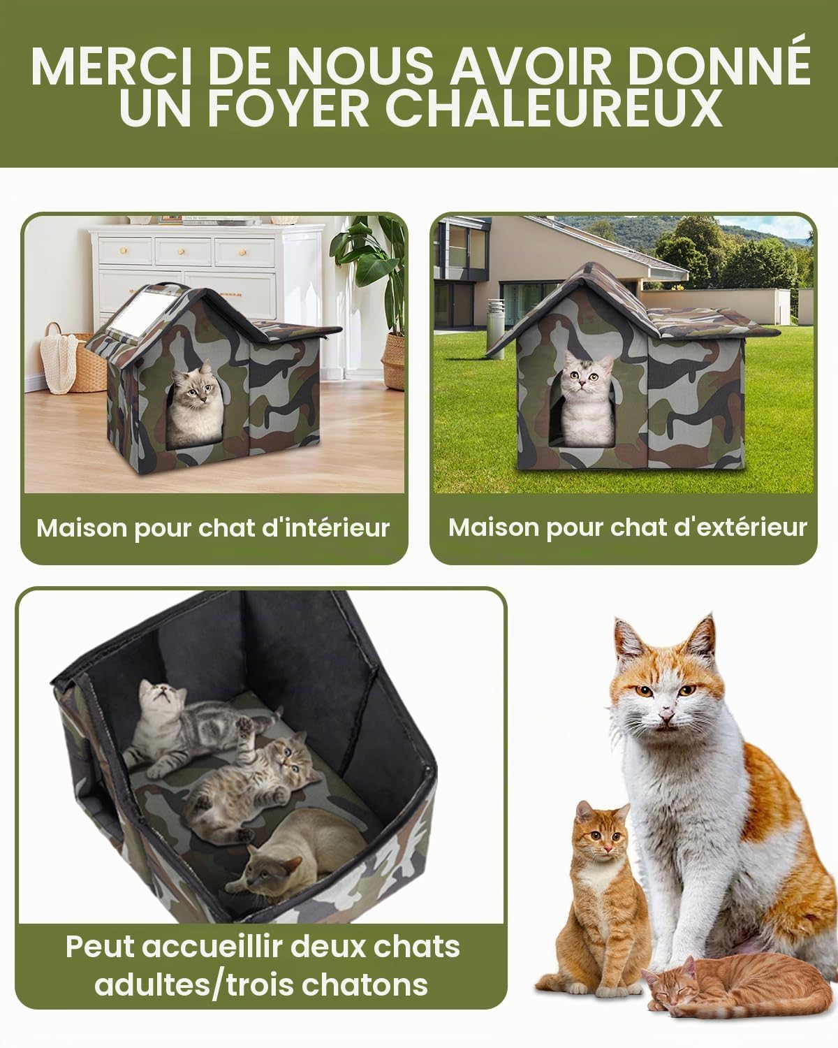 Niche pour Chat Exterieur, Cabane Chat Exterieur Facile à Laver Pliable avec, avec Coussin Amovible Niche D'extérieur pour Chats pour Animaux Domestiques Errants